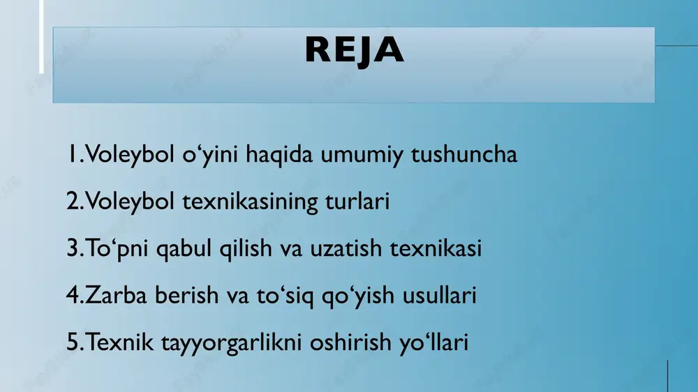 belgilab qo'yish mumkin. tayyorgarlik fazasining ahamiyati harakatni bosh fazada bajarish uchun qulay sharoit yaratishdan iborat. bu sharoitlar yugurib kelish, sakrash, aylanma harakatlarni (to'siq qo'yganda, koptokni o'yinga kiritganda, hujum zarbasini berishda) bajarish bilan yaratiladi. asosiy fazadagi harakatlar bevosita asosiy harakat vazifalarini hal qilishga qaratiladi. biodinamik nuqtayi nazardan bu fazadagi eng muhim narsa harakatlantiruvchi kuchlardan tegishli vaziyatda, tegishli yo'nalishda samarali foydalanishdan iboratdir. 6 yakunlovchi fazadagi harakatlar gavda muvozanatini saqlash maqsadida so'nib boradi yoki keskin tormozlanadi. voleybol juda dinamik o'yin bo'lganligi sababli voleybolchi turli texnik usullarni egallashi, o'yin vaziyatidan kelib chiqqan holda ularni tanlay olishi va uni tez, aniq bajarishi lozim. bu esa o'yinchining texnik mahoratini belgilaydi. 7 8 yuqori texnik mahorat belgilari quyidagilar bilan ifodalanadi: harakat usullarining aniq va samarali bajarilishi; xalal beruvchi omillar (charchash, tashqi sharoitning salbiy ta'sirlari) mavjudligida harakatlarning bajarilish barqarorligi; raqib harakatlariga qarab javob harakatlarini tanlash, ularni qayta qurish va bunda harakat qismlarini boshqara olish; usullarning bajarilish ishonchliligi. 9 …