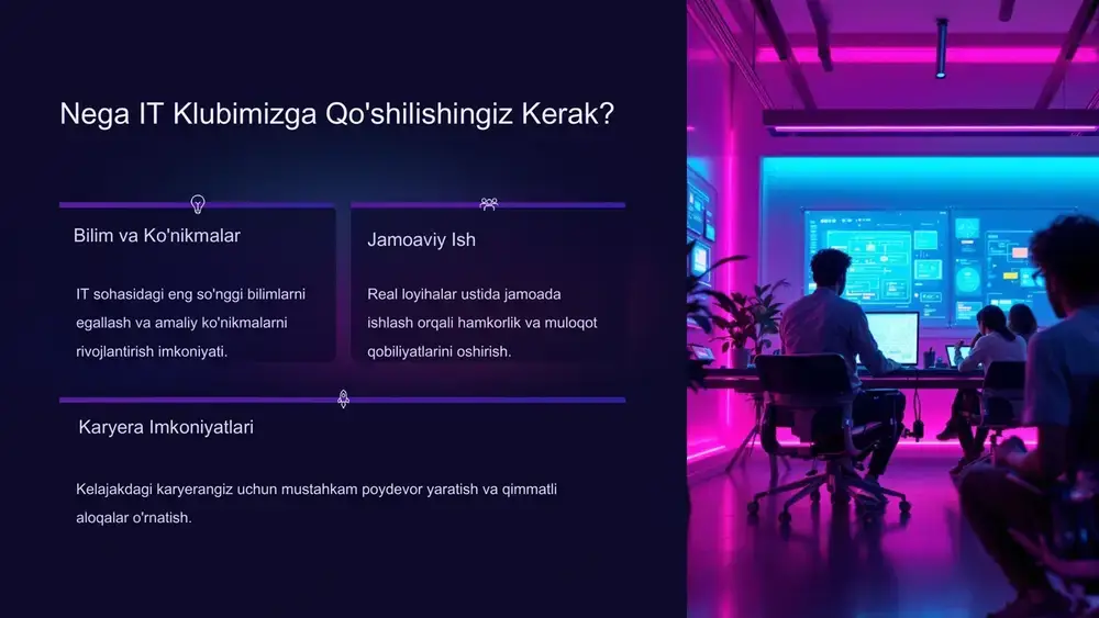 rganishingiz mumkin bo'lgan texnologiyalar bizning klubimizda siz turli xil dasturlash tillari va texnologiyalarini o'rganishingiz mumkin. python javascript java c++ react node.js klub hayoti va tadbirlar bizning klubimiz faqat o'qishdan iborat emas. biz qiziqarli tadbirlar, musobaqalar va ijtimoiy uchrashuvlar tashkil qilamiz. bu tadbirlar sizga yangi do'stlar orttirish, bilim almashish va dam olish imkoniyatini beradi. qanday qilib qo'shilish mumkin? bizning it klubimizga qo'shilish juda oson. quyidagi qadamlarni bajaring: ariza to'ldirish onlayn arizamizni to'ldiring va o'zingiz haqingizda ma'lumot bering. suhbat qisqa suhbatdan o'ting, bu sizning qiziqishlaringizni bilishimizga yordam beradi. klubga qo'shilish suhbatdan so'ng, siz bizning klubimizning to'laqonli a'zosi bo'lasiz! bizni kuting! it klubimizga qo'shiling va it sohasidagi cheksiz imkoniyatlar dunyosini kashf eting. biz sizni kutamiz! image1.png image2.png image3.png image4.png image5.png image9.png image10.png image11.png image6.png image7.png image8.png image12.png image13.png image14.png image15.png image16.png image17.png image18.png image19.png image20.png image21.png image22.png image23.png image24.png image25.png image26.png image27.png image28.png image29.png image30.png image31.png image32.png image33.png image34.png image35.png image36.png image37.png