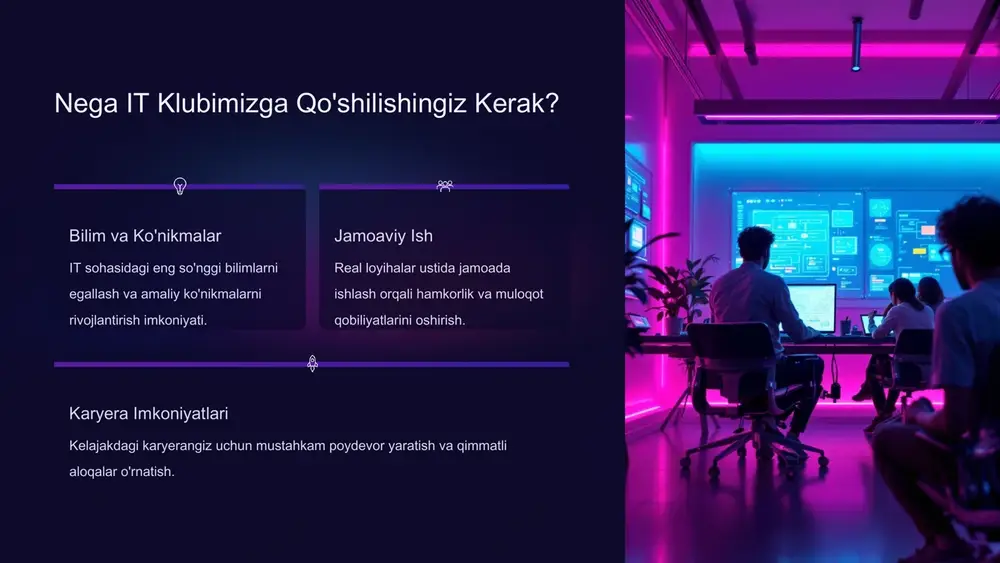izning klubimizda o'rganishingiz mumkin bo'lgan texnologiyalar bizning klubimizda siz turli xil dasturlash tillari va texnologiyalarini o'rganishingiz mumkin. python javascript java c++ react node.js ‹#› klub hayoti va tadbirlar bizning klubimiz faqat o'qishdan iborat emas. biz qiziqarli tadbirlar, musobaqalar va ijtimoiy uchrashuvlar tashkil qilamiz. bu tadbirlar sizga yangi do'stlar orttirish, bilim almashish va dam olish imkoniyatini beradi. ‹#› muvaffaqiyat hikoyalari bizning klubimiz a'zolari orasida ko'plab muvaffaqiyatli bitiruvchilar bor. ular hozirda yirik it kompaniyalarida ishlamoqda yoki o'z startaplarini boshlagan. "it klubi menga nafaqat bilim, balki o'zimga ishonch va qimmatli aloqalar berdi. bu yerda o'rganganlarim karyeramda juda foydali bo'ldi." - alisher, dasturchi, google "real loyihalar ustida ishlash menga nazariy bilimlarni amaliyotda qo'llash imkoniyatini berdi. bu tajriba mening startapimni boshlashimga yordam berdi." - dilnoza, startap asoschisi ‹#› qanday qilib qo'shilish mumkin? bizning it klubimizga qo'shilish juda oson. quyidagi qadamlarni bajaring: ariza to'ldirish onlayn arizamizni to'ldiring va o'zingiz haqingizda ma'lumot bering. suhbat qisqa suhbatdan o'ting, …