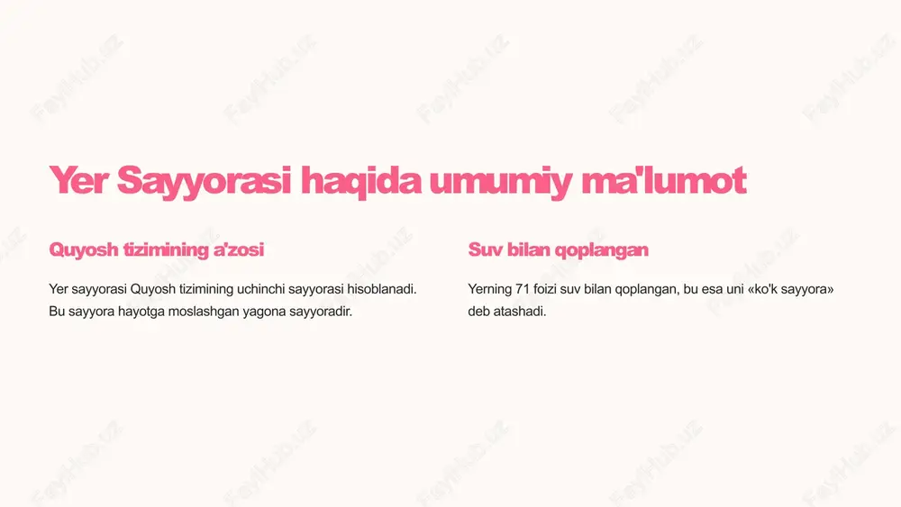 . 6 qit'alar va okeanlardagi o'zgarishlar qit'alar qit'alar doimo harakatda. ular millionlab yillar davomida o'z joylarini o'zgartiradi. okeanlar okeanlar ham o'zgaradi. qit'alar harakatlanish davomida okeanlarning shakli va hajmi o'zgaradi. landshaftlar qit'alar va okeanlarning o'zgarishi landshaftlarga ham ta'sir qiladi. tog'lar, vodiylar va tepaliklar hosil bo'ladi. 7 yer sayyorasidagi ekologik jarayonlar 1 atmosfera yerning atmosferasi hayot uchun zarur bo'lgan gazlarni o'z ichiga oladi. atmosfera quyosh nurlaridan himoya qiladi va haroratni boshqaradi. 2 suv aylanmasi suv doimo aylanib turadi. suv bug'lanadi, yog'ingarchilik shaklida yog'adi, daryolar va okeanlarga oqadi. 3 biologik xilma-xillik yer sayyorasi turli xil hayot shakllariga boy. bu xilma-xillik muvozanatni saqlash uchun zarurdir. 8 image1.png image2.png image3.png image4.png image5.png image6.png image7.png image8.png image9.png image10.png image11.png image12.png image13.png image14.png image15.png image16.png