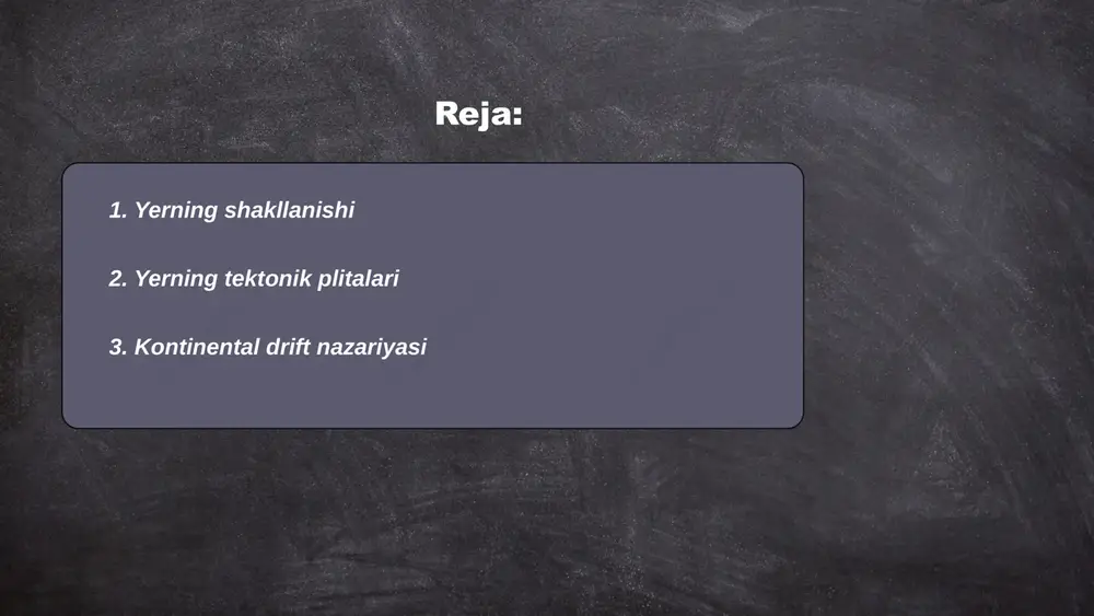 lar yana maydalanib, bugungi materiklarga aylangan. nazariyaga asoslangan holda, atlantika okeani taxminan 200 million yil avval ochila boshlagan. vegener qoplamasi fossils va geologik dalillar orqali o‘z nazariyasini asoslagan. ... t.me/slaydai_bot 4. vulkanik faoliyat va yer evolyutsiyasi vulkanik faoliyat yer evolyutsiyasi jarayonida muhim ahamiyatga ega. vulkanlar yer poʻstining yorilishi natijasida lava, gaz va kulni yuzaga chiqaradi, bu esa yangi yer qatlamlarini hosil qiladi. yer yuzasining taxminan 80% vulkanik materiallardan tashkil topgan. ularning faolligi yangi orollarni, tog'larni yaratishda va iqlim o'zgarishida rol o'ynaydi. masalan, 1815 yilda tambora vulqonining otilishi global iqlimga ta'sir etib, 1816 yilni "yozsiz yil" deb atashga olib kelgan. soʻnggi 10,000 yilda 1,500 ga yaqin faol vulkanlar mavjud boʻlib, ular geologik jarayonlarni davom ettirmoqda. ... t.me/slaydai_bot yer sharining iqlim o'zgarishi global muammo bo'lib, o'rtacha harorat 1880 yildan beri 1.2°c ga oshgan. okean sathi 20-asrda o'rtacha 15-20 sm ga ko'tarilgan va bu jarayon tezlashmoqda. atmosferadagi karbonat angidrid (co2) darajasi sanoat inqilobidan …