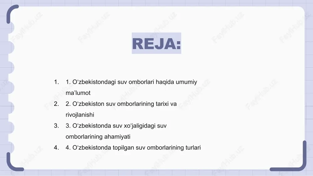 i va umumiy iqtisodiy rivojlanishini qo‘llab-quvvatlaydi. 4. o‘zbekistonda topilgan suv omborlarining turlari oʻzbekistonda turli turdagi suv omborlari, jumladan, tabiiy va sunʼiy koʻllar, daryolar va kanallar mavjud. ushbu suv ob'ektlari qishloq xo'jaligi va maishiy ehtiyojlar uchun suvni saqlash va taqsimlashda hal qiluvchi rol o'ynaydi. oʻzbekistonda topilgan eng muhim suv omborlaridan biri sugʻorish va gidroenergetika ishlab chiqarish uchun yaratilgan chorvoq suv omboridir. bu dam olish va suv sporti uchun mashhur joy. oʻzbekistondagi suv omborlarining yana bir turi aydarkoʻl boʻlib, u sirdaryodagi toʻgʻondan hosil boʻlgan tabiiy suv omboridir. u turli xil yovvoyi hayvonlar uchun yashash joyi bo'lib xizmat qiladi va yaqin atrofdagi jamoalar uchun chuchuk suv manbai hisoblanadi. 5. o‘zbekistonning turli viloyatlaridagi yirik suv omborlari o'zbekistonda mamlakat bo'ylab tarqalgan turli suv omborlari joylashgan. bu yirik suv omborlarini turli hududlarda topish mumkin, ular sug'orish va gidroenergetika uchun suv manbalari bo'lib xizmat qiladi. koʻzga koʻringan suv omborlaridan biri toshkent viloyatida joylashgan chorvoq suv omboridir. bu …