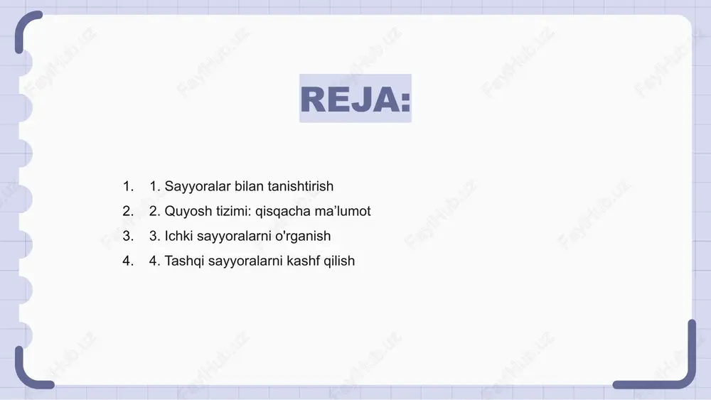 tashqi sayyoralarni kashf qilish tashqi sayyoralarni tadqiq qilishda olimlar ilg'or texnologiyalardan foydalanib, ularning tarkibi, atmosferasi va yo'ldoshlari haqida yangi kashfiyotlar qilishadi. yupiter, saturn, uran va neptun bizning quyosh sistemamizdagi to'rtta tashqi sayyora bo'lib, ularning har biri o'ziga xos xususiyatlari va sirlari ochilishini kutmoqda. yupiterdagi ulkan bo'ronlardan tortib saturn atrofidagi muzli halqalargacha, bu tashqi sayyoralar bizning quyosh sistemamizning ulkan maydoniga ajoyib tasavvurni taqdim etadi. 5. ekzosayyoralarni qidirish ekzosayyoralarni qidirish bizning koinot haqidagi tushunchamizda inqilob qildi. astronomlar bizning quyosh tizimimizdan tashqaridagi sayyoralarni aniqlash uchun ilg'or teleskoplar va usullardan foydalanadilar. ekzosayyoralar yoki quyoshdan tashqari sayyoralar turli xil sharoitlarda mavjud bo'lib, ba'zilari yerga o'xshaydi, boshqalari esa juda farq qiladi. bu xilma-xillik potentsial yashashga bo'lgan nuqtai nazarimizni kengaytiradi. davom etilayotgan missiyalar ko'proq ekzosayyoralarni kashf etish, ularning atmosferasi va tarkibini o'rganishga qaratilgan. ushbu tadqiqot bizga tanish kosmik chegaralarimizdan tashqaridagi potentsial hayot haqida bilishga yordam beradi. 1 2 3 e'tiboringiz uchun rahmat