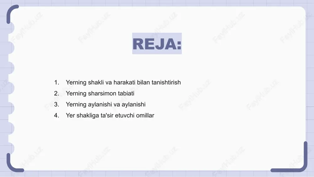 turli hodisalarga, masalan, koriolis effekti, suv toshqini va quyosh nurlarining tarqalishiga ta'sir qiladi. yerning shakli va harakatlarini tushunish sayyora dinamikasini o'rganish uchun juda muhimdir. yer shakliga ta'sir etuvchi omillar yerning shakliga birinchi navbatda tortishish, aylanish va geologik jarayonlar kabi omillar ta'sir qiladi. sayyoraning dumaloqligi tortishish kuchlari tufayli uni sharga tortadi. yerning quyosh atrofida harakati va uning eksenel egilishi ham sayyorani shakllantirishda hal qiluvchi rol o'ynaydi. bu omillar fasllar va iqlim shakllarining o'zgarishiga yordam beradi. tektonik faollik va eroziya yer yuzasini yanada shakllantiradi, tog'lar, vodiylar va boshqa relyef shakllarini yaratadi. ushbu ta'sirlarni tushunish sayyoramizning dinamik tabiatini tushunishga yordam beradi. yerning eksenel qiyaligi va uning ta'siri yer mukammal shar emas, lekin qutblarda bir oz tekislangan va ekvatorda bo'rtib ketgan. bu shakl uning harakatlari va faoliyatiga ta'sir qiladi, turli hodisalarni keltirib chiqaradi. yerning muhim harakatlaridan biri bu uning eksenel egilishi bo'lib, u fasllarning o'zgarishi va yilning turli vaqtlarida kun va tunning o'zgaruvchan uzunligi …
