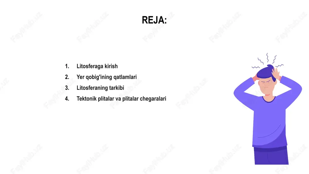 onlarni o'rganish uchun juda muhimdir. tektonik plitalar va plitalar chegaralari geografik qobiqning vertikal tuzilishi bir necha qatlamlardan tashkil topgan, litosfera eng yuqori qatlam hisoblanadi. litosfera yarim suyuq astenosferada suzuvchi tektonik plitalardan iborat. tektonik plitalar - bu yer litosferasining katta qismlari bo'lib, ular plastinka chegaralari bo'ylab harakatlanadi va bir-biri bilan o'zaro ta'sir qiladi. ushbu o'zaro ta'sirlar zilzilalar, vulqon faolligi va tog' tizmalarining shakllanishiga olib kelishi mumkin. plitalar chegaralari - tektonik plitalarning uchrashadigan joylari. plitalar chegaralarining uchta asosiy turi mavjud: plitalar bir-biridan ajralib chiqadigan divergent chegaralar, plitalar to'qnashadigan konvergent chegaralar va plitalar bir-biridan sirg'alib o'tadigan chegaralarni o'zgartiradigan chegaralar. yer qobig'ining deformatsiyasi va zilzilalar erning qattiq tashqi qatlami bo'lgan litosfera qobiq deformatsiyasi va seysmik faollikda hal qiluvchi rol o'ynaydi. u qobiq va yuqori mantiyadan iborat. yer poʻsti deformatsiyasi deganda tektonik kuchlar taʼsirida yer qobigʻining egilishi, sinishi va shakli oʻzgarishi tushuniladi. bu jarayon nosozliklar va burmalarning shakllanishiga olib kelishi mumkin. zilzilalar yerning litosferasiga energiyaning …