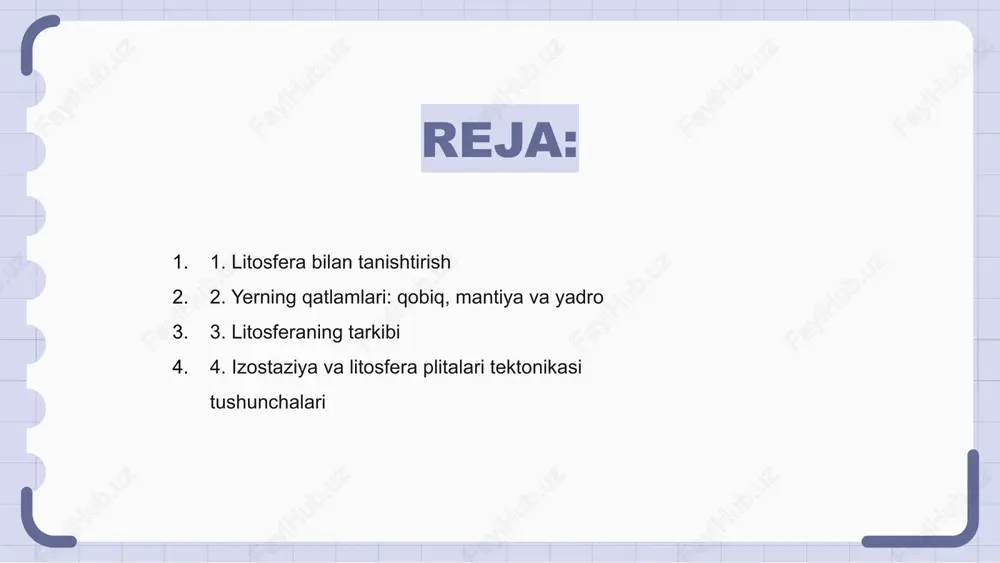izostaziya va litosfera plitalari tektonikasi tushunchalari litosfera yer qobig'ining qattiq tashqi qatlami bo'lib, qobiq va yuqori mantiyadan iborat. u yarim suyuq astenosferada suzuvchi tektonik plitalarga bo'lingan. izostaziya litosferaning gravitatsion muvozanatda zichroq astenosferada qanday “suzishini” tushuntiruvchi tushunchadir. bu muvozanat qobiqning barqaror vertikal tuzilishini saqlashga yordam beradi. plitalar tektonikasi - bu yer litosferasi qanday qilib zilzilalar va vulqonlar kabi turli geologik hodisalarga olib keladigan va bir-biri bilan o'zaro ta'sir qiluvchi plitalarga bo'linishini tavsiflovchi nazariyadir. 5. litosfera va astenosfera o'rtasidagi munosabat yer qobig'i va yuqori mantiyadan tashkil topgan litosfera qattiq va qattiq bo'lib, yerning tashqi qatlamini tashkil qiladi. uning ostida tektonik plitalarning harakatlanishini ta'minlaydigan yarim suyuqlik qatlami bo'lgan astenosfera yotadi. litosfera va astenosfera o'rtasidagi munosabatlar plitalar tektonikasini tushunish uchun juda muhimdir. qattiq litosfera oqib turgan astenosferaning tepasida harakatlanib, qit'alarning harakatlanishiga, tog'lar va okeanlarning paydo bo'lishiga olib keladi. litosfera va astenosfera o'rtasidagi o'zaro ta'sir zilzilalar va vulqon faolligini ham belgilaydi. ushbu geologik jarayonlar qattiq …