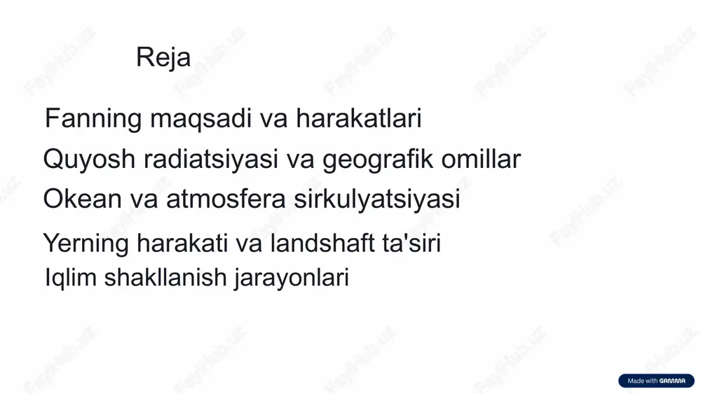 a sekin chiqaradi, bu qirg'oq yaqinidagi iqlimni yumshatadi atmosfera sirkulyatsiyasi havo massalari yer shari bo'ylab harakatlanib, iqlim zonalarini shakllantiradi okean oqimlari issiq va sovuq oqimlar atrofdagi haroratni ko'taradi yoki pasaytiradi (masalan, golfstrim) mahalliy sharoitlar passatlar, mussonlar, g'arbiy shamollar global sirkulyatsiyaning namoyandalaridir 5 yerning harakati va landshaft ta'siri yerning o'z o'qi atrofida aylanishi sutkalik harorat o'zgarishlarini keltirib chiqaradi quyosh atrofida aylanish fasllarning almashinishini hosil qiladi landshaft ta'siri tuproq rangi va o'simlik qoplami issiqlik yutilishiga ta'sir qiladi antropogen ta'sir issiqxona gazlari, o'rmonlarning kesilishi, urbanizatsiya iqlimga bevosita ta'sir ko'rsatadi 6 iqlim shakllanish jarayonlari issiqlik balansi yerning quyoshdan olgan issiqligi atmosfera qatlamlariga tarqaladi namlik aylanishi bug'lanish, kondensatsiya va yog'in suv aylanishining muhim bosqichlari havo massalari tropik, qutbiy, mo'tadil havo massalarining to'qnashuvi frontlarni hosil qiladi bosim tizimlari yuqori va past bosimli zonalar havo oqimlariga sabab bo'ladi 7 gidrologik jarayonlar yog'inlar atmosferadagi namlikning kondensatsiyasi natijasida yog'in (yomg'ir, qor, do'l) hosil bo'ladi. yog'inlar miqdori va turi iqlim …