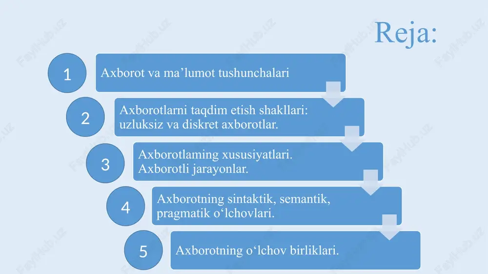 dalanuvchiga uzatilishini taminlovchi yo‘llar va jarayonlar axborot kommunikatsiyalari deb yuritiladi. axborotlarni taqdim etish shakllari: uzluksiz va diskret axborotlarga bo`linadi. inson borliqning bir qismi bo‘lgani uchun doimo borliqning ta’sirini sezib turadi. bu ta’sirni turli signallar (tovush, yorug‘lik, elektromagnit, nerv va hokazo) ko‘rinishida qabul qilamiz. insonga uzluksiz ta’sir etib turuvchi axborotlarni analog axborotlar deb ataladi. axborotni taqdim etishning analog va diskret usullari axborotning analogli tasviri bilan miqdorlar cheksiz qiymatlarni qabul qilishi mumkin. axborotning diskret tasviri bilan miqdor keskin o'zgarib, cheklangan qiymatlar to'plamini qabul qilishi mumkin. inson analog axborotlarni qayta ishlashi uchun uning biror qismini ajratib oladi va tahlil qiladi. tahlil qilish jarayonida axborotni qayta ishlash uchun qulay bo‘lgan ko‘rinishga o‘tkazadi. bunda inson turli belgilardan foydalanadi. masalan, sizga ma’lum bo‘lgan alifbo harflari insonga tushunarli bo‘lgan tovushlarni, nota belgilari esa musiqiy tovushlarni ifodalaydi. bu belgilar yordamida insonga eshitilayotgan nutq yoki musiqani qog‘ozga tushirish oson kechadi. demak, inson axborotlarni qayta ishlash uchun uni uzlukli ko‘rinishga …