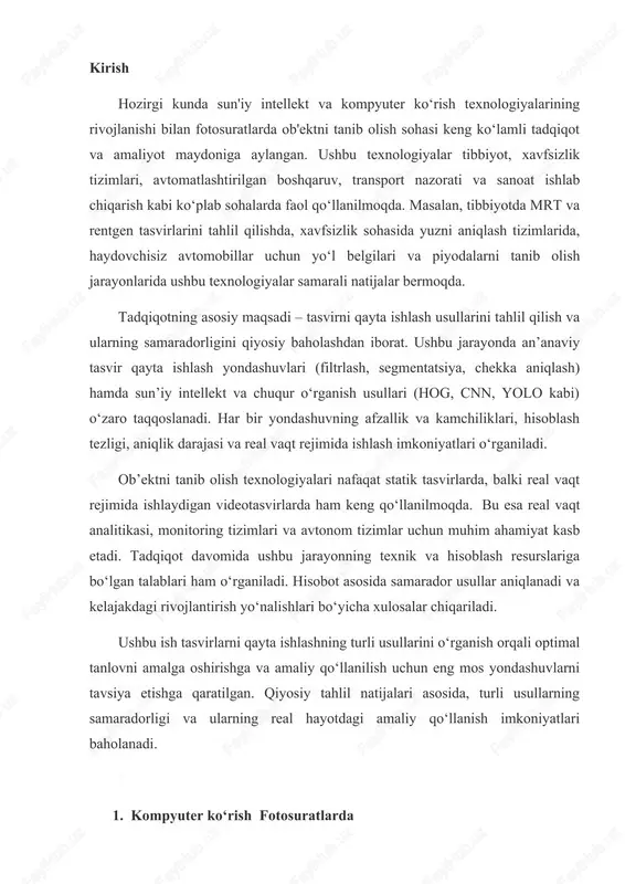 larni tavsiya etishga qaratilgan. qiyosiy tahlil natijalari asosida, turli usullarning samaradorligi va ularning real hayotdagi amaliy qo‘llanish imkoniyatlari baholanadi. 1. kompyuter ko‘rish fotosuratlarda kompyuter ko‘rish - bu sun’iy intellekt (si) sohasi bo‘lib, u kompyuterlarni tasvir va video ma’lumotlardan ma’lumot olish hamda talqin qilishga o‘rgatadi, shuningdek, u odamlar ko‘rishi va idrok etishi mumkin bo‘lgan barcha narsalar bilan shug’ullanadi. kompyuter ko‘rish kompyuterlar va tizimlarga raqamli fotosuratlar, raqamli videolar hamda boshqa vizual kontentlardan to‘liq mazmunli ma’lumotlarni olish imkonini beradi. kompyuter ko‘rish ob’yektlar, yuzlar, hissiyotlar, ranglar yoki matnlarni aniqlash kabi vizual ma’lumotlarni qayta ishlash va tahlil qilish uchun algoritm va modellardan foydalanishni o‘z ichiga oladi.kompyuter ko‘rish sohasi sun’iy intellektning tasvirni klassifikatsiyalash, tasvirdan ob’yektni aniqlash, yangi tasvir generatsiya qilish, anomaliyalarni aniqlash, o‘xshash tasvirlarni qidirish masalalari bilan shug’ullanadi va bu masalalarni 1-rasmda keltirilgan kompyuter ko‘rish vazifalarini amalga oshirish orqali yechadi kompyuter ko'rish vazifalari tasvirni kl ya assifikatsi obyektni aniqlash tasvir seg ya mentatsi lash si 1-rasm. …