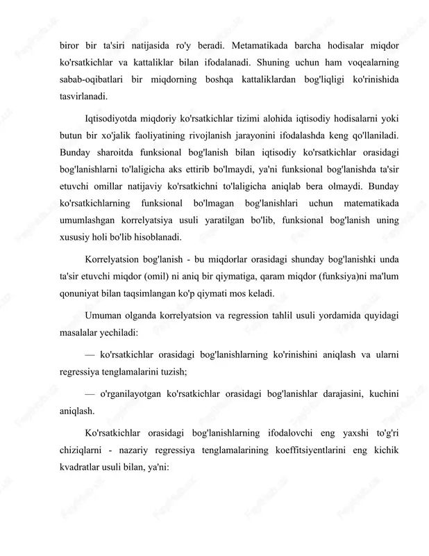 , bu yerda a - parametr, hech qanday ma'noga ega emas, b = tga burchak koeffitsiyentini anglatib, shu bilan birga x - bir birlikka o'zgarganda u ning qancha miqdorga o'zgarishini ifodalaydi. ii.asosiy qism 1. chiziqli regressiya masalalarini yechish algoritmi va dasturini ishlab chiqish. uchta o'xshash tushunchalar, uchta opa-singillar mavjud: interpolyatsiya, yaqinlashish va regressiya. ularning umumiy maqsadi bor: funktsiyalar oilasidan ma'lum xususiyatga ega bo'lganini tanlash. interpolatsiya - funksiyalar turkumidan berilgan nuqtalardan o'tuvchini tanlash usuli. ko'pincha funktsiya keyinchalik oraliq nuqtalarda hisob-kitoblarni amalga oshirish uchun ishlatiladi. misol uchun, biz bir nechta nuqtalarning rangini qo'lda o'rnatamiz va qolgan nuqtalarning ranglari ko'rsatilganlar o'rtasida silliq o'tishlarni hosil qilishini xohlaymiz. yoki biz animatsiyaning asosiy ramkalarini o'rnatamiz va ular o'rtasida silliq o'tishni xohlaymiz. klassik misollar: lagrange polinom interpolyatsiyasi, spline interpolyatsiyasi, ko'p o'zgaruvchan interpolyatsiya (bilinear, trilinear, eng yaqin qo'shni va boshqalar). ekstrapolyatsiya bilan bog'liq tushuncha ham mavjud - intervaldan tashqari funktsiyaning harakatini bashorat qilish. masalan, dollar kursini oldingi tebranishlar …