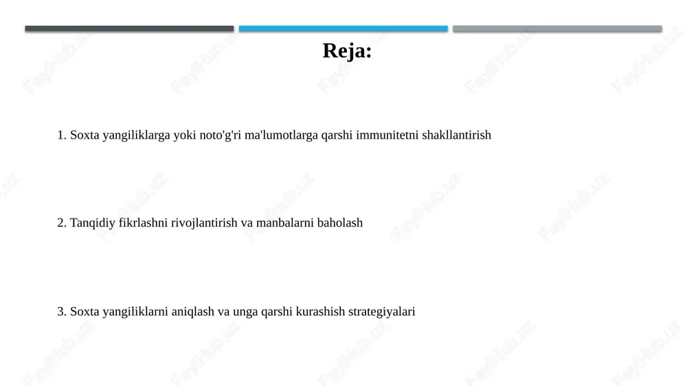 ta yangiliklarning xavflari soxta yangiliklar demokratik jarayonlarga putur yetkazadi, saylov natijalariga ta'sir o'tkazish va jamoatchilik fikrini manipulyatsiya qilish orqali siyosiy beqarorlikni keltirib chiqaradi. bu 2016-yilgi aqsh prezidentlik saylovlarida yaqqol ko'rindi. noto'g'ri ma'lumotlar sog'liqni saqlash sohasida xavfli, chunki u odamlarni vaktsinalardan voz kechishga, noto'g'ri davolanishga olib keladi va jamoat salomatligi uchun 100% zararli ta'sir ko'rsatishi mumkin. tanqidiy fikrlashni rivojlantirish tanqidiy fikrlashni rivojlantirish 101: dalillarni tekshirish va manbalarning ishonchliligini baholash, masalan, muallifning obro'sini ko'rib chiqishni o'z ichiga oladi. biaslarni aniqlash - tanqidiy fikrlashning asosiy qismi. turli xil nuqtai nazarlarni tushunish uchun qarashlaringizni 360 gradusga o'zgartiring. manbalarni baholash usullari manbalarning ishonchlilik darajasini baholashda ularning **ob’ektivligi** muhim, masalan, **10** dan **7** ballgacha reyting berish orqali baholash mumkin. shuningdek, faktlarning ko'p manbalarda tasdiqlanishini tekshiring. muallifning tajribasi va malakasini inobatga oling; **5** yillik tajribaga ega bo'lgan ekspertning fikri, yangi boshlag'ichga nisbatan **90%** ishonchliroq bo'lishi mumkin, deb hisoblang. tasdiqlash vositalari va platformalari factcheck.org va politifact kabi platformalar …