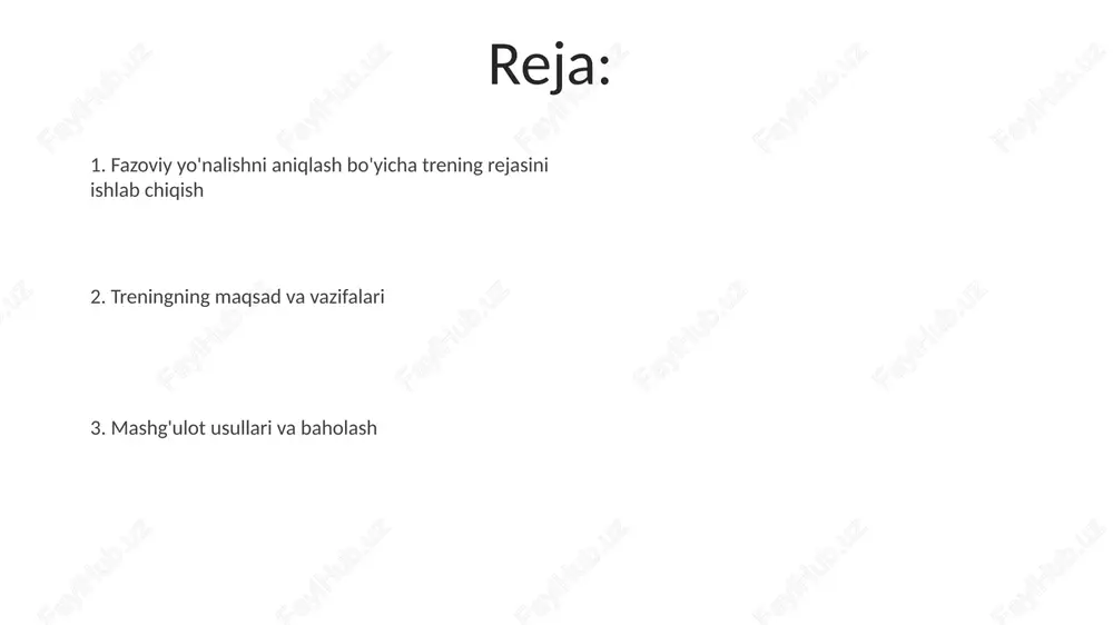 ng davomiyligi 15-20 daqiqa bo'lishi, vaqt oralig'ini hisobga olgan holda intensivlikni optimallashtiradi. rejadagi asosiy tarkibiy qismlar: nazariy bilimlar (30%), amaliy mashg'ulotlar (50%) va test sinovlari (20%) kabi elementlarni o'z ichiga olgan modullarni o'z ichiga oladi. treningni baholash va monitoring trening bahosini tashxis qilishda, maqsadlarga erishish darajasini 80% aniqlash uchun, treningdan oldin va keyin test natijalarini solishtirish muhim rol o'ynaydi. monitoring jarayoni, 70% tinglovchilarning fikr-mulohazalarini doimiy ravishda yig'ish va tahlil qilish orqali, treningning 90% moslashuvchanligini ta'minlashi kerak. treningni amalga oshirish va natijalarni tahlil qilish natijalarni tahlil qilishda anova statistik usulidan foydalanib, treningdan oldingi va keyingi spatial test natijalarini solishtirish, p<0.05 darajada ahamiyatlilikni aniqlash talab etiladi. trening jarayonida gps ma'lumotlari va vizual kuzatuvlar yordamida har bir ishtirokchining spatial navigatsiya xatolarini aniqlash va ularni kamaytirish uchun 7-10 ta mashqdan foydalanish muhim. e'tiboringiz uchun rahmat image5.jpg image6.jpg image7.jpg image8.jpg image9.jpg image10.jpg image11.jpg image1.jpeg image2.jpeg