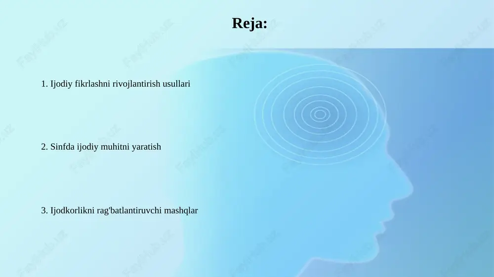 ni rivojlantiradi va javoblarini 2-3 barobar oshiradi. nodatiy nuqtai nazardan qarash "nodatiy nuqtai nazardan qarash" deganda, odatda qabul qilingan 10 ta standart fikrlash usullaridan tashqari, yangi, ijodiy yechimlarni topishga qaratilgan 5 ta alternativ yondashuv tushuniladi. ushbu metod, o'quvchilarni mavzuga 360 graduslik, to'liq nuqtai nazardan qarashga undaydi, ularga 2 yoki 3 xil qarashni birlashtirib, yangi xulosalar chiqarish imkonini beradi. o'yin orqali o'rganish o'yin orqali o'rganish, 70% gacha bilimlarni yaxshiroq eslab qolishga yordam beradi, chunki o'quvchilar 100% diqqat bilan ishtirok etadi va xotirada mustahkam bog'lanishlar hosil qiladi. ijodiy o'yinlar, masalan, 3d modellashtirish, muammolarni hal qilish qobiliyatini 45% ga oshiradi, chunki o'quvchilar turli yechimlarni sinab ko'rishga undaladi. san'at va ijodkorlikni qo'llab-quvvatlash san'at va ijodkorlikni qo'llab-quvvatlash orqali, talabalar 2d va 3d loyihalarda erkin fikrlash, innovatsion g'oyalarni yaratish va ularni 100% amalga oshirish imkoniyatiga ega. madaniyat va san'atni rivojlantirish uchun kamida 75% mablag' ajratish, talabalarning badiiy qobiliyatini oshiradi, yangi san'at turlarini o'rganishga turtki beradi hamda …