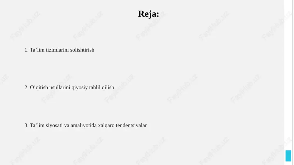 larining qiyosiy tahlili o'quv dasturlarining qiyosiy tahlili milliy standartlar, o'qitish metodologiyalari va 21-asr ko'nikmalariga urg'u berishdagi farqlarni aniqlaydi, maqsad esa 100% sifatli ta'lim olish hisoblanadi. baholash usullarini solishtirishda formativ va summativ baholashning roli, test turlari (masalan, pisa) va ularning o'quv natijalariga ta'siri 80% ahamiyatga ega. o'quv dasturi mazmunini baholashda fanlararo bog'liqlik, inklyuzivlik (nogironligi bo'lgan talabalarga 95% moslashuv) va madaniy moslik kabi jihatlar 7 xil mamlakat kontekstida tahlil qilinadi. inkluziv ta'limning qiyosiy istiqbollari oʻqituvchilarni tayyorlash dasturlarini tahlil qilish, inklyuziv amaliyotlarni qoʻllab-quvvatlash uchun pedagogik strategiyalarni baholashda 3 xil yondashuvni solishtirishga imkon beradi. inkluziv taʼlimning qiyosiy istiqbollari, oʻquv dasturlarini moslashtirishda universal dizayn tamoyillarini (udl) qoʻllash boʻyicha 5 ta muhim tadqiqot yoʻnalishini oʻz ichiga oladi. qiyosiy tadqiqotlar, inklyuziv maktab muhitini yaratishda texnologiyaning roli boʻyicha 4 ta davlatning tajribasini oʻrganib, muvaffaqiyatli modellar aniqlaydi. ta'limda texnologiyalardan foydalanishning qiyosiy tadqiqoti qiyosiy pedagogik tadqiqotda sun'iy intellekt (si) asosidagi o'quv platformalarining adaptiv ta'lim usullarini qo'llash va natijalarini tahlil qilish …