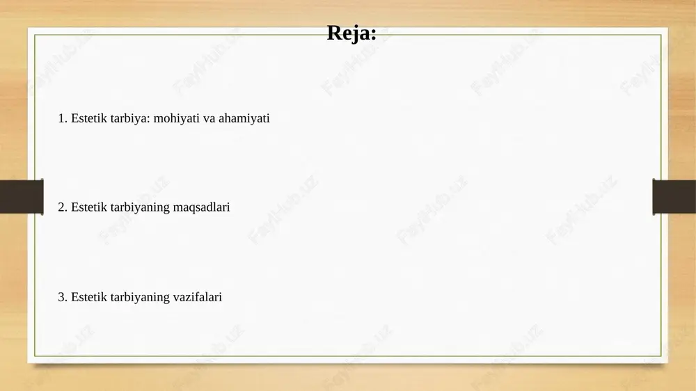 ch mavjud: emotsional qabul qilish, tahlil qilish va baholash, bu orqali o'quvchilarning badiiy didi rivojlanadi. estetik didni shakllantirish estetik didni shakllantirish, bolalarda go'zallik tushunchasini rivojlantirish orqali ularning 5 hissiyoti (ko'rish, eshitish va h.k.) orqali olamni idrok etishini yaxshilaydi. ushbu jarayon, san'at asarlari (masalan, rasm, musiqa, haykaltaroshlik) orqali namoyon bo'lib, unda 3 ta asosiy element: shakl, rang va kompozitsiya muhim ahamiyatga ega. ijodiy qobiliyatlarni o'stirish ijodiy qobiliyatlar, xususan fantaziya va assotsiativ tafakkurni rivojlantirish uchun, 3-4 yoshdan boshlab turli interaktiv o'yinlar muhim ahamiyatga ega. innovatsion g'oyalarni yaratish ko'nikmasini oshirish, miya yarim sharlarining uyg'unlashuvini ta'minlash uchun kamida 10-15 daqiqa meditatsiya qilish kerak. estetik madaniyatni yuksaltirish estetik madaniyatni yuksaltirish orqali jamiyat a'zolarida 5 hissiyot orqali go'zallikni idrok etish, baholash va yaratish qobiliyatini rivojlantirish, badiiy didni shakllantirish vazifasi turadi. estetik madaniyatni yuksaltirish, avvalo, insonning 3 asosiy estetik ehtiyojlarini qondirishga qaratilgan: go'zallikni his qilish, estetik zavq olish va ijodiy faoliyatda qatnashish imkoniyatini yaratadi. ta'lim jarayonida estetik …