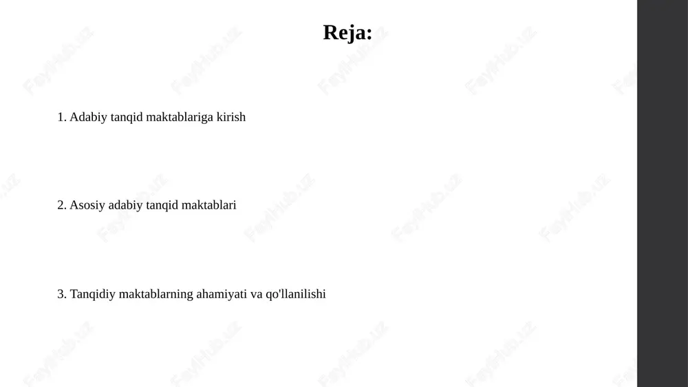 i gender rollari va ayollar obrazini o'rganadi, erkaklar hukmron jamiyatni tahlil qiladi. bu tanqid turi adabiyotni gender nuqtai nazaridan baholaydi, 2-jinsga oid stereotiplar va diskriminatsiyani aniqlashga qaratilgan kompleks analizni ta'minlaydi. poststrukturalizm va dekonstruksiya poststrukturalizm tilning beqarorligini ta'kidlaydi, ma'nolar kontekstga bog'liq va doimiy o'zgaruvchan, 1960-yillardan boshlangan tanqidiy yondashuvdir. dekonstruksiya matnlardagi qarama-qarshiliklarni ochishga qaratilgan, 2 taasosiy tushuncha orqali ierarxiyalarni buzish, masalan, markaz va chekka tushunchalari muhim. yangi tarixchilik “yangi tarixchilik” 1929-yilda “annales” jurnalida paydo boʻlib, iqtisodiy va ijtimoiy tuzilmalarni tahlil qilishga asoslangan yangi uslubni taklif qildi. maktab 1940-yillarda mark blok va lyusen fevr tomonidan boshlangan boʻlib, mentalitetlar tarixini va uzoq muddatli oʻzgarishlarni oʻrganishga eʼtibor qaratdi. o'quvchiga yo'naltirilgan tanqid oʻquvchiga yoʻnaltirilgan tanqid matnning ma'nosini yaratishda oʻquvchining roli 1960-yillardan keyin sezilarli ekanligini ta'kidlaydi va faol o'quvchi konsepsiyasini o'rganadi. ushbu tanqid maktabi matnning o'ziga emas, balki o'quvchining shaxsiy tajribasi va bilimlari asosida matnni qanday idrok etishiga e'tibor qaratadi, ya'ni 70% o'quvchining hissiyoti. e'tiboringiz uchun rahmat …