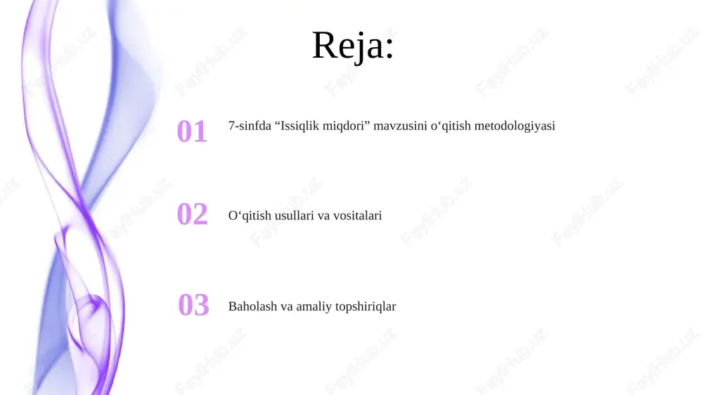 g moddaning haroratini 1 °c ga oshirish uchun zarur bo'lgan issiqlik miqdori, o'lchov birligi j/(kg·°c) dir, har bir modda uchun o'ziga xos qiymatga ega. o'qitish usullari va texnikalari "guruhlarda ishlash" texnikasi: o'quvchilarni 5-6 kishilik guruhlarga bo'lib, har bir guruhga issiqlik miqdori bilan bog'liq 2 ta tajriba o'tkazish va natijalarni tahlil qilish topshiriladi. "muammoli ta'lim" usuli: o'quvchilarga issiqlik miqdori tushunchasini kundalik hayotdan olingan 3-4 ta amaliy muammolar orqali tushuntirish, masalan, choy sovishi. ko'rgazmali qurollar va laboratoriya uskunalari kalorimetr, 0 dan 100 °c gacha bo'lgan termometr va aralashtirgich issiqlik miqdorini eksperimental o'lchash uchun muhim asboblar bo'lib, ular issiqlik almashinuv jarayonini vizualizatsiya qiladi. turli xil metallardan (masalan, alyuminiy, mis, temir) yasalgan silindrlar solishtirma issiqlik sig'imini aniqlashda ishlatiladi; har birining massasi 50-100 gramm bo'lishi maqsadga muvofiq. darsning tuzilishi va bosqichlari 7-sinfda issiqlik miqdori mavzusini o'qitishda dars 5 bosqichdan iborat: tashkiliy qism (2-3 daqiqa), uy vazifasini tekshirish (5-7 daqiqa), yangi mavzuni tushuntirish (20 daqiqa), mustahkamlash …