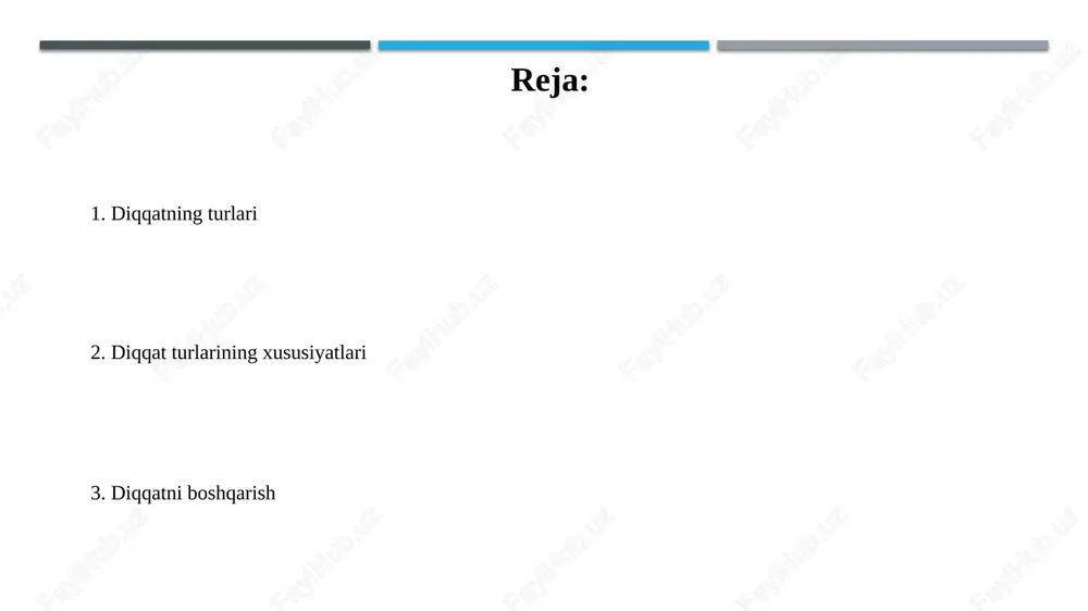 ar chalkashmasdan maqsadga qaratilganlik saqlanadi. ushbu diqqat turi, ayniqsa, nazorat ostidagi kognitiv jarayonlarda muhimdir, masalan, murakkab matematik masalalarni yechishda yoki 45 daqiqalik dars davomida. selektiv diqqat selektiv diqqat ma'lum bir stimulga e'tibor qaratish va boshqa chalg'ituvchi omillarni filtrlash qobiliyatidir, masalan, kokteyl effekti, 7 ta nutqdan birini tinglash. broadbentning filtrlash nazariyasiga ko'ra, selektiv diqqat bizni haddan tashqari yuklanishdan himoya qiladi, miya bir vaqtning o'zida taxminan 11 million bit ma'lumotni qayta ishlaydi. bo'lingan diqqat bo'lingan diqqat, bir vaqtning o'zida bir nechta vazifaga e'tibor qaratish qobiliyati, masalan, 75% aniqlik bilan haydash va suhbatlashish kabi kognitiv jarayonlarni o'z ichiga oladi. bo'lingan diqqatning muvaffaqiyati vazifalarning murakkabligiga bog'liq; 2 ta oddiy vazifa, masalan, musiqa tinglash va yurish, 90% samaradorlik bilan bajarilishi mumkin. alternativ diqqat alternativ diqqat, ma'lumotni qayta ishlash tezligini o'zgartirib, kognitiv moslashuvchanlikni talab qiladi, masalan, 5 dan 10 gacha topshiriqni samarali almashish qobiliyati. alternativ diqqat, 2 xil vazifani bajarishda resurslarni taqsimlaydi; 75% resurs a vazifaga, …