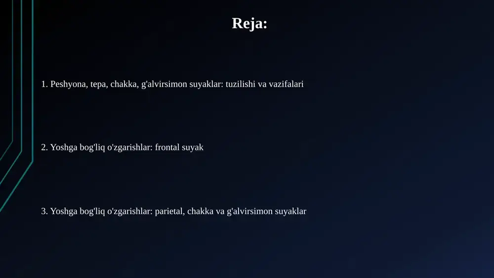 al cheti boshqa parietal suyagi bilan birgalikda sagittal chokni hosil qiladi. bu chok bosh suyagining mustahkamligini ta'minlaydi. parietal suyagi: yoshga bog'liq o'zgarishlar yosh o'tishi bilan parietal suyagining qalinligi kamayishi mumkin, bu ayniqsa 60 yoshdan keyin seziladi va suyakning mo'rtlashuviga olib keladi. bolalarda parietal suyagi ikkita qismdan iborat bo'lib, erta bolalik davrida (taxminan 2 yoshgacha) sagittal chok orqali birlashadi. chakka suyagi: tuzilishi va vazifalari chakka suyagi uch qismdan iborat: tangachali, piramidasimon va nog'ora. ular birgalikda bosh suyagining lateral qismini hosil qilib, miyani himoya qiladi. eshitish a'zosi chakka suyagi piramidasida joylashgan. ichki quloq labirinti, 3 yarim doira kanali va eshituv nervi shu yerda joylashgan. chakka suyagi: yoshga bog'liq o'zgarishlar chakka suyagining pnevmatizatsiyasi 3 yoshdan keyin rivojlanadi, mastoid o'simtasida havo hujayralari shakllanadi va bu jarayon keksalikda to'xtashi mumkin. keksalikda chakka suyagining zichligi kamayadi, bu esa eshitish suyakchalarining zaiflashishiga olib kelishi va eshitish qobiliyatiga ta'sir qilishi mumkin. g'alvirsimon suyak: tuzilishi va vazifalari g'alvirsimon suyakning …