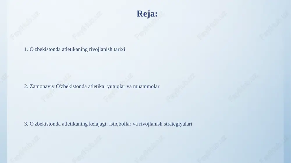 a bor sovrindor bo'lgan taniqli sportchidir. o'zbekistonda atletika bo'yicha sport maktablari va klublarining roli respublika olimpiya zaxiralari kollejlari (rozk) yosh sportchilarni professional darajaga olib chiqishda muhim rol o'ynaydi, ularga atletika bo'yicha intensiv mashg'ulotlar va ta'lim beradi. bolalar-o'smirlar sport maktablari (bo'sm) atletikaga qiziqishi bo'lgan yoshlarni aniqlash va ularga dastlabki mashg'ulotlarni o'rgatish, kelajakdagi chempionlarni tayyorlashda muhim ahamiyatga ega. o'zbekistonda atletika infratuzilmasining holati respublikada 14 ta zamonaviy stadion mavjud, ularning aksariyati yengil atletika standartlariga javob beradi, lekin ba'zilari yangilanishga muhtoj, ayniqsa mintaqalarda. toshkentdagi respublika ixtisoslashtirilgan olimpiya zaxiralari kolleji (riozkm) yengil atletika bo'yicha asosiy tayyorlov markazi bo'lib, zamonaviy jihozlar bilan ta'minlangan. o'zbekistonda o'tkaziladigan asosiy atletika musobaqalari o'zbekiston chempionati har yili o'tkazilib, unda eng yaxshi atletlar 30 dan ortiq sport turlari bo'yicha bellashadilar va milliy terma jamoaga yo'llanma olishadi. o'zbekiston kubogi musobaqalari yilda ikki marta bo'lib o'tadi, bahorda va kuzda, unda yoshlar va kattalar o'rtasida 20 dan ortiq medallar uchun kurash olib boriladi. atletika bo'yicha …