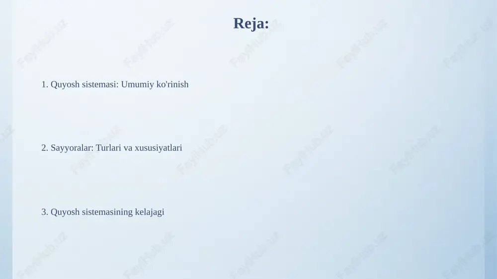 n azot (78%) va kisloroddan (21%) iborat. yerning massasi taxminan 5.97 x 10^24 kg ni tashkil etadi va u quyosh tizimidagi eng zich sayyoralardan biri bo'lib, tektonik plitalari tufayli geologik faoliyatga ega. mars marsda 'valles marineris' deb nomlangan quyosh sistemasidagi eng katta kanyon mavjud bo'lib, u taxminan 4000 kilometr uzunlikda va 7 kilometrgacha chuqurlikda joylashgan, bu yerning grand kanyonidan ancha katta. marsning atmosferasi juda yupqa, yer atmosferasining atigi 1% ini tashkil qiladi va asosan karbonat angidriddan iborat. bu zaif atmosfera planetada suyuq suvning barqaror bo'lishiga to'sqinlik qiladi. asteroidlar mintaqasi asteroidlar mintaqasi mars va yupiter orbitasi o'rtasida joylashgan bo'lib, millionlab har xil o'lchamdagi toshsimon jismlarni o'z ichiga oladi. ularning umumiy massasi oy massasidan 4% ga teng. mintaqada eng katta asteroid ceres bo'lib, diametri taxminan 940 kilometrga teng, shu sababli u mitti sayyora sifatida tasniflanadi. ceres mintaqaning umumiy massasining uchdan bir qismini tashkil etadi. yupiter yupiterning buyuk qizil dog'i - bu yupiter …