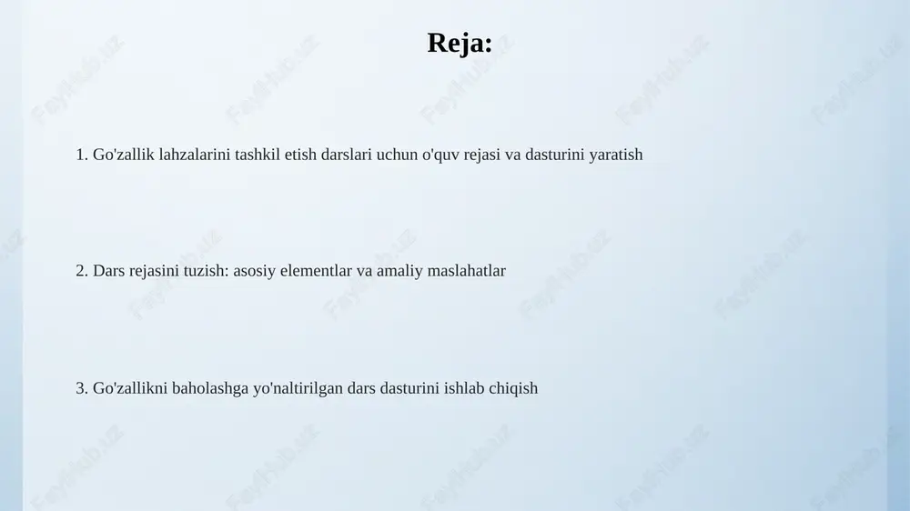 shirish va 3 ta yangi san'at texnikasini o'rgatish. dastur 5 asosiy moduldan iborat bo'lishi mumkin, har bir modul 4 haftalik o'quv materialini o'z ichiga oladi, baholash uchun 2 ta nazorat ishi va 1 ta yakuniy imtihon bilan. o'quv dasturida 70% amaliy mashg'ulotlar va 30% nazariy materiallar bo'lishi kerak, 20 dan ortiq turli xil san'at asarlarini tahlil qilish va yaratishga qaratilgan. auditoriyani aniqlash auditoriyani aniqlash marketingda muhim, chunki u reklama kampaniyalarining samaradorligini oshiradi. natijada, resurslar to'g'ri yo'naltiriladi va eng yuqori konversiya ko'rsatkichlariga erishiladi. auditoriyani aniqlash jarayoni demografik ma'lumotlar (yosh, jins), psixografik xususiyatlar (qiziqish, qadriyatlar) va xatti-harakatlarni (xarid qilish odatlari) o'z ichiga olgan kompleks analizdir. auditoriya segmentatsiyasi mijozlarni guruhlarga bo'lishni anglatadi. bu 80/20 qoidasi (pareto prinsipi) kabi tushunchalarni qo'llash va maxsus marketing strategiyalarini ishlab chiqish uchun zarurdir. o'qitish usullari va strategiyalari interaktiv o‘qitish usullari, masalan, “fikrlar hujumi”, o‘quvchilarning faolligini 30% ga oshiradi va mavzuni 2 martagacha yaxshiroq tushunishga yordam beradi. muammoli ta’lim …