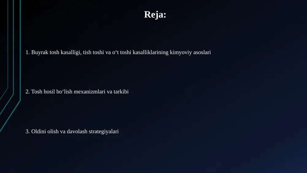 ) kristallari bo'ladi, ba'zida kaltsiy fosfat (ca3(po4)2) ham uchraydi, ularning nisbati bemorning metabolik buzilishlariga bog'liq. tish toshlari (tatar) asosan kaltsiy fosfatning gidroksiapatit [ca5(po4)3(oh)] shaklidan tashkil topgan bo'lib, og'iz bo'shlig'idagi bakteriyalar faoliyati natijasida hosil bo'ladi. kimyoviy omillarning oldini olish va davolash strategiyalari kaltsiy oksalat toshlarida 2.5-3 litr suyuqlik ichish, natriy va hayvon proteinini kamaytirish va kaliy sitrat (10-20 meq/kun) iste'mol qilish tosh hosil bo'lishini kamaytiradi. siydik kislotasi toshlarida allopurinol (100-300 mg/kun) siydik kislotasini kamaytiradi, ph'ni 6.5-7.0 ga natriy bikarbonat bilan ko'tarish va purin iste'molini kamaytirish muhim. e'tiboringiz uchun rahmat image2.jpg image3.jpg image4.jpg image5.jpg image6.jpg image7.jpg