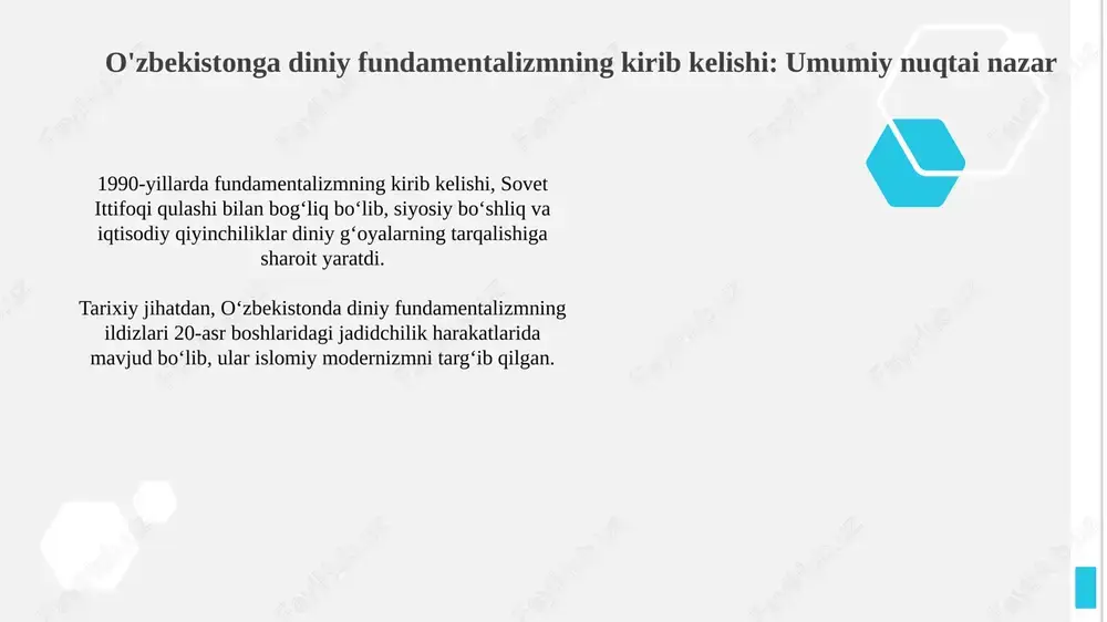 bu esa siyosiy beqarorlikka olib keldi. o'zbekiston islomiy harakati (o'ih) 1998-yilda tashkil topgan bo'lib, markaziy osiyoda islomiy davlat qurish maqsadida qurolli hujumlar uyushtirgan va minglab odamlarning o'limiga sabab bo'lgan. hukumatning fundamentalizmga qarshi kurashi hukumat fundamentalizmga qarshi kurashda 1990-yillarning oxiridan boshlab qat'iy siyosat yuritdi, bu siyosat diniy ekstremizmga aloqadorlikda gumon qilingan shaxslarga nisbatan qat'iy jazo choralarini o'z ichiga oladi. o'zbekiston hukumati diniy fundamentalizmga qarshi kurashda milliy xavfsizlik xizmati (snb) va ichki ishlar vazirligi kabi davlat organlarining rolini kuchaytirdi, ularga keng vakolatlar berildi. fundamentalizmning o'zbekiston kelajagiga ta'siri fundamentalizmning kuchayishi konstitutsiyaviy tuzumga tahdid solishi mumkin, 1992 yildagi konstitutsiya tamoyillariga zid keluvchi diniy davlat tuzishga urinishlar kuzatilishi ehtimoli ortadi. radikal g'oyalar yoshlar orasida tarqalishi xavfi ortadi, bu esa ta'lim tizimida fundamentalistik mafkuraga qarshi kurashish bo'yicha 2024-yilda yangi strategiyalarni ishlab chiqishni talab etadi. e'tiboringiz uchun rahmat image2.jpg image3.jpg image4.jpg image5.jpg image6.jpg image7.jpg image8.jpg