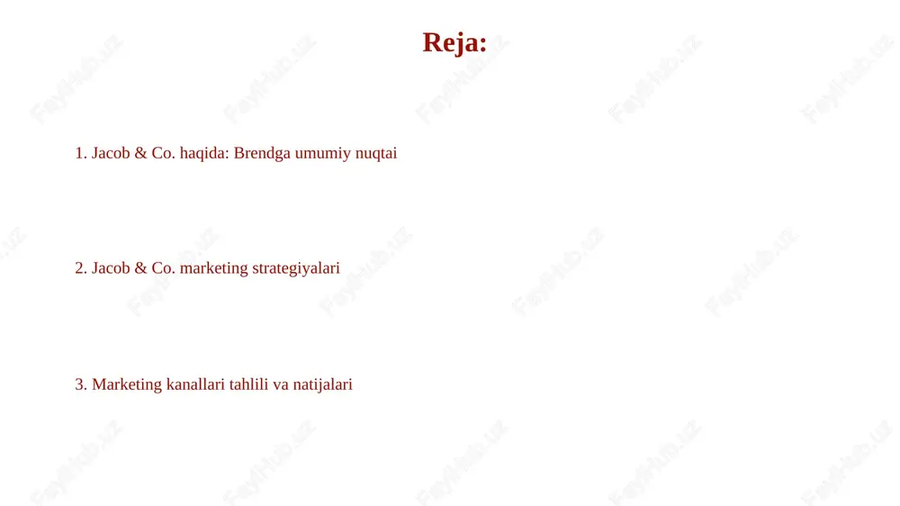 iyaga yetib borish va ular bilan aloqa o'rnatish uchun foydalanadigan vositalar to'plamidir, 4p (mahsulot, narx, joy, targ'ibot) elementlaridan targ'ibotni qamrab oladi. raqamli marketing kanallari orasida ijtimoiy media (instagram, facebook), qidiruv tizimi optimizatsiyasi (seo), email marketing va pullik reklama (ppc) kabi vositalar mavjud bo'lib, ular o'lchanuvchan natijalar beradi. raqamli marketing strategiyalari jacob & co ijtimoiy media marketingida vizual kontentga, xususan, yuqori sifatli fotosuratlar va 360° videolariga e'tibor qaratadi, bu esa ularning soatlari murakkabligini namoyish etadi. brand eksklyuzivlikni ta'kidlash uchun digital marketingda hamkorlik va cheklangan nashrlar strategiyasidan foydalanadi, masalan, futbol yulduzlari bilan hamkorlik qiladi va 50 ta soatdan iborat kolleksiya chiqaradi. an'anaviy marketing usullari an’anaviy marketing usullari, masalan, bosma reklamalar, 20-asrda keng tarqalgan edi, lekin hozirda ular raqamli marketingga qaraganda roi bo'yicha 5-10% kamroq samara berishi mumkin. televidenie reklamasi, 30 soniyali rolik uchun 10000 dollardan 1 million dollargacha turadi, o'zining keng qamrovi tufayli jacob & co kabi hashamatli brendlar uchun maqsadli auditoriyaga …