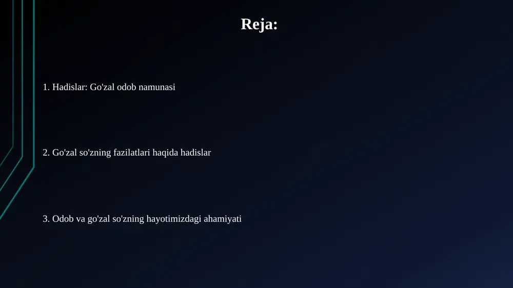 qsa, yolg'on so'zlashdan tiyilish, jamiyatda ishonchni 70-80 foizga oshirib, odamlarning o'zaro hamkorligini kuchaytiradi. chiroyli so'zlar, hatto kichik muammolarni hal qilishda 65 foizgacha yordam beradi, chunki ular tushunmovchiliklarni kamaytiradi va empatiya uyg'otadi. ijobiy nutq, masalan, minnatdorchilik bildirish, jamoalarda 50-60 foizga ijobiy muhit yaratadi va odamlarning ruhiy holatiga yaxshi ta'sir qiladi. nabiy sollallohu alayhi vasallamning go'zal xulq va so'z namunasi payg'ambarimiz sollallohu alayhi vasallam 4 sifatga ega edilar: sadoqat, ishonchlilik, omonatdorlik va aqlli mulohazakorlik. bu xislatlar ularning har bir so'zida aks etardi. nabiy sollallohu alayhi vasallam hech qachon qo'pol so'zlar ishlatmaganlar, hatto dushmanlariga ham. u zot doim 3 narsani: haqiqat, adolat va mehribonlikni targ'ib qilganlar. u zotning so'zlari hamisha kamtarinlik va hurmat bilan yo'g'rilgan edi. u zot hatto 10 yoshli bolaga ham xushmuomalalik bilan murojaat qilib, qalbini xursand etardilar. sahobalarning go'zal xulq va so'zga oid hayotiy misollari usmon ibn affon roziyallohu anhuning saxovatliligi, ayniqsa tabuk g'azotida qurollarning uchdan bir qismini ta'minlab, katta …