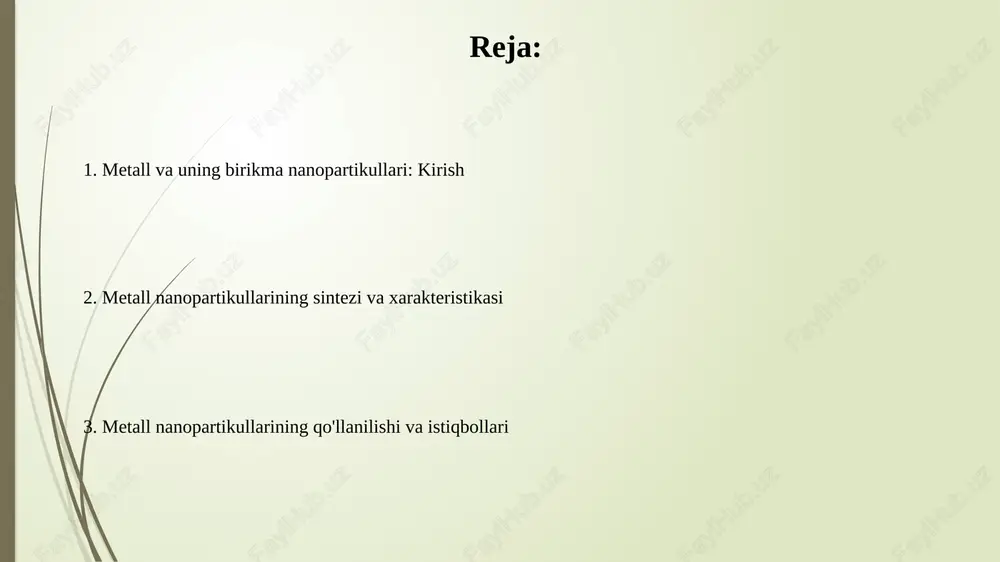 adi. bu usul zarracha hajmini nazorat qilishda polimer stabilizatorlardan foydalanadi. lazer ablasyon usuli yuqori intensivlikdagi lazer nurlarini metall nishonga yo'naltirib, plazma hosil qiladi, so'ngra sovutish natijasida nanozarrachalar shakllanadi. jarayon vakuum yoki inert gaz muhitida o'tkaziladi. metall birikmasi nanozarrachalarni sintez qilish usullari kimyoviy cho'ktirish usuli metall ionlarini eritmadan kimyoviy reaktsiya orqali metall birikmasi nanozarrachalariga aylantiradi, ko'pincha barqarorlashtiruvchi moddalar bilan birga. sol-gel jarayoni metall alkoksidlarini gidroliz va kondensatsiyalash orqali nanozarrachalarni hosil qiladi, bu esa o'lcham va shaklni aniq nazorat qilish imkonini beradi. metall va uning birikmasi nanozarrachalarining xarakteristikasi metall nanozarrachalarida o'ziga xos sirt plazmon rezonansi (spr) mavjud bo'lib, bu 1-100 nm o'lchamdagi zarrachalarda optik xususiyatlarning o'zgarishiga olib keladi va sensorlarda qo'llaniladi. metall oksid nanozarrachalari, masalan, tio2, yuqori sirt maydoniga ega bo'lib, katalitik faollikni oshiradi. ular 1-5 nmda fotoelektrokimyoviy jarayonlar uchun muhim rol o'ynaydi. metall va uning birikmasi nanozarrachalarining qo'llanilishi - tibbiyot metall nanozarrachalar, masalan, oltin (au), saraton hujayralarini issiqlik bilan yo'q qilish …