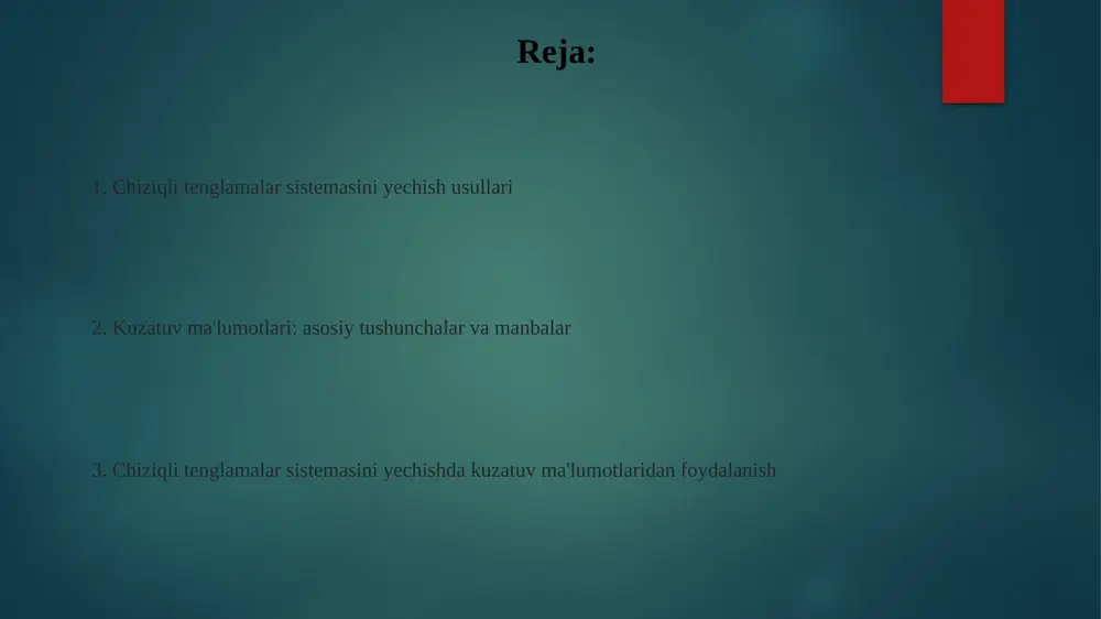 ylantirishga qaratilgan, bu yechimni o'qishni osonlashtiradi. usul, gauss usulidan farqli ravishda, orqaga almashtirish talab qilmaydi, chunki yakuniy matritsa diagonal ko'rinishga keltiriladi, har bir o'zgaruvchi qiymati to'g'ridan-to'g'ri aniqlanadi. matritsali usul (teskari matritsa) matritsali usulda, a*x = b ko'rinishidagi tenglamalar sistemasini yechish uchun a matritsaning teskari matritsasi (a^-1) topiladi. x = a^-1 * b formula orqali echim aniqlanadi. agar a matritsaning determinanti nolga teng bo'lsa (det(a) = 0), demak, a matritsaning teskari matritsasi mavjud emas, va sistema yechimga ega bo'lmasligi yoki cheksiz yechimga ega bo'lishi mumkin. kramer qoidalari kramer qoidalari - chiziqli algebraik tenglamalar sistemasini yechish usuli bo'lib, faqat sistema determinanti noldan farq qilganda, ya'ni yagona yechim mavjud bo'lganda qo'llaniladi. ushbu usulda har bir o'zgaruvchining qiymati, tegishli determinantning asosiy determinantga nisbati orqali aniqlanadi, bunda determinantlar matrisa koeffitsientlaridan tuziladi. iteratsion usullar: yakobi usuli yakobi usuli, iteratsion yechim topish uchun, har bir noma'lumni qolgan tenglamalar orqali ifodalaydi. bu usul, diagonal elementlar ustun bo'lganda (diagonal …