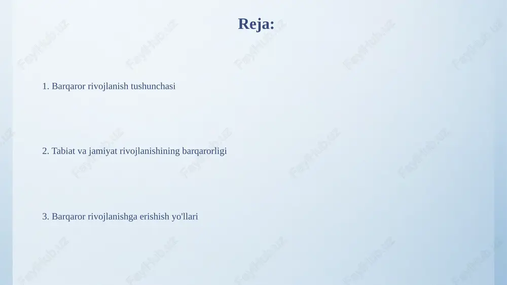 qilish o'rtasidagi muvozanatga erishishga qaratilgan jarayon. bu 2030 yilgacha bo'lgan davrda muhim. barqaror rivojlanish jamiyatning barcha a'zolari uchun imkoniyatlarni tenglashtirishni, resurslardan oqilona foydalanishni va kelajak avlodlar manfaatlari uchun 17 ta maqsadga erishishni nazarda tutadi. ekologik muammolar va barqaror rivojlanish ekologik muammolar, masalan, atmosfera ifloslanishi, 20-asrda sanoatning o'sishi tufayli 70% ga oshdi va barqaror rivojlanishga xavf tug'diradi. orol dengizining qurishi o'zbekistonning ekologik muammolaridan biridir, bu mintaqadagi biologik xilma-xillikning 80% ga yo'qolishiga sabab bo'lgan. iqtisodiy o'sish va barqarorlik iqtisodiy o'sish yalpi ichki mahsulot (yaim) hajmining miqdoriy ortishi bo'lib, barqarorlik esa ushbu o'sishning uzoq muddatli resurslar bilan ta'minlanishini anglatadi. barqaror iqtisodiy o'sish atrof-muhitga salbiy ta'sirni kamaytirish, masalan, karbonat angidrid (co2) emissiyasini 20% ga kamaytirish orqali erishilishi mumkin. ijtimoiy adolat va barqaror rivojlanish ijtimoiy adolat barqaror rivojlanishning muhim omili bo'lib, iqtisodiy o'sish natijalarini 17 ta barqaror rivojlanish maqsadlariga muvofiq taqsimlashni nazarda tutadi. ijtimoiy adolat demografik omillarni hisobga olgan holda, 2030 yilgacha inklyuziv ta'lim, sog'liqni …