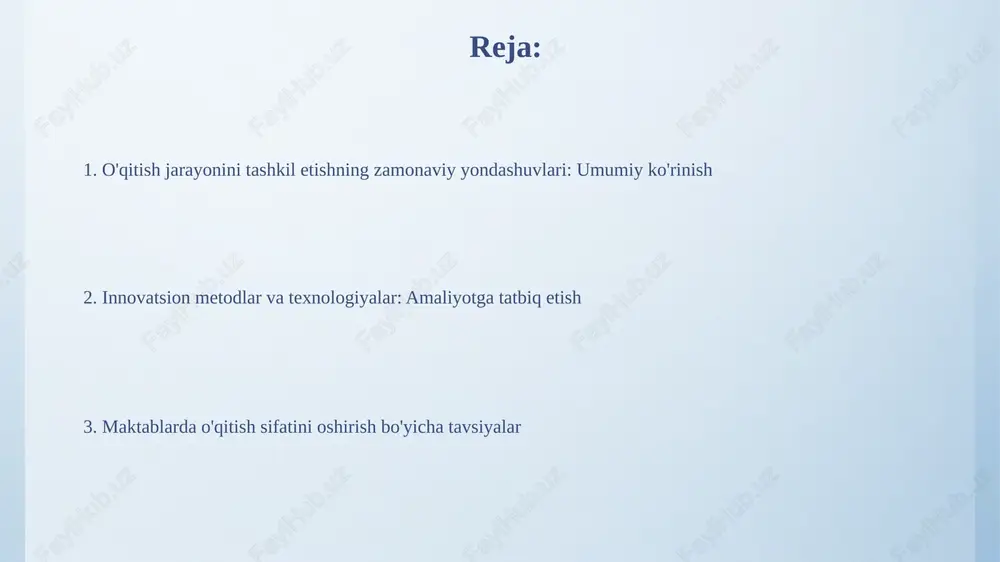 qurroq o'rganishga imkon beradi, masalan, 7-sinf biologiya darslarida. elektron ta'lim resurslari, xususan khan academy kabi platformalar, o'quvchilarga moslashuvchan o'quv dasturlarini taklif etadi, bu esa ularning bilim darajasini 80% gacha oshirishi mumkin. shaxsga yo'naltirilgan ta'lim shaxsga yo'naltirilgan ta'limda har bir o'quvchining individual xususiyatlari, qobiliyatlari va ehtiyojlari hisobga olinib, o'quv jarayoni 100% moslashtiriladi. bu ta'lim shakli o'quvchining 7 asosiy intellektini rivojlantirishga qaratilib, har bir bolaning o'ziga xos iste'dodlarini namoyon etishiga imkon beradi. guruhlarda ishlash va hamkorlikdagi ta'lim guruhlarda ishlash 4-6 kishilik kichik guruhlarda o'quv materialini o'rganishni o'z ichiga oladi, bunda har bir a'zo umumiy maqsadga hissa qo'shish uchun javobgardir. hamkorlikdagi ta'lim, ko'pincha 'think-pair-share' kabi usullar bilan amalga oshiriladi, o'quvchilarga muammolarni hal qilishda o'zaro yordam berish va tushunishni chuqurlashtirish imkonini beradi. loyihaga asoslangan ta'lim loyihaga asoslangan ta'lim, 21-asr ko'nikmalarini (4k: tanqidiy fikrlash, kreativlik, kommunikatsiya, kollaboratsiya) rivojlantirishga qaratilgan 3 bosqichli o'quv jarayonidir. ushbu ta'limda o'quvchilar 5 hafta davomida real muammolarni hal qilish uchun amaliy …