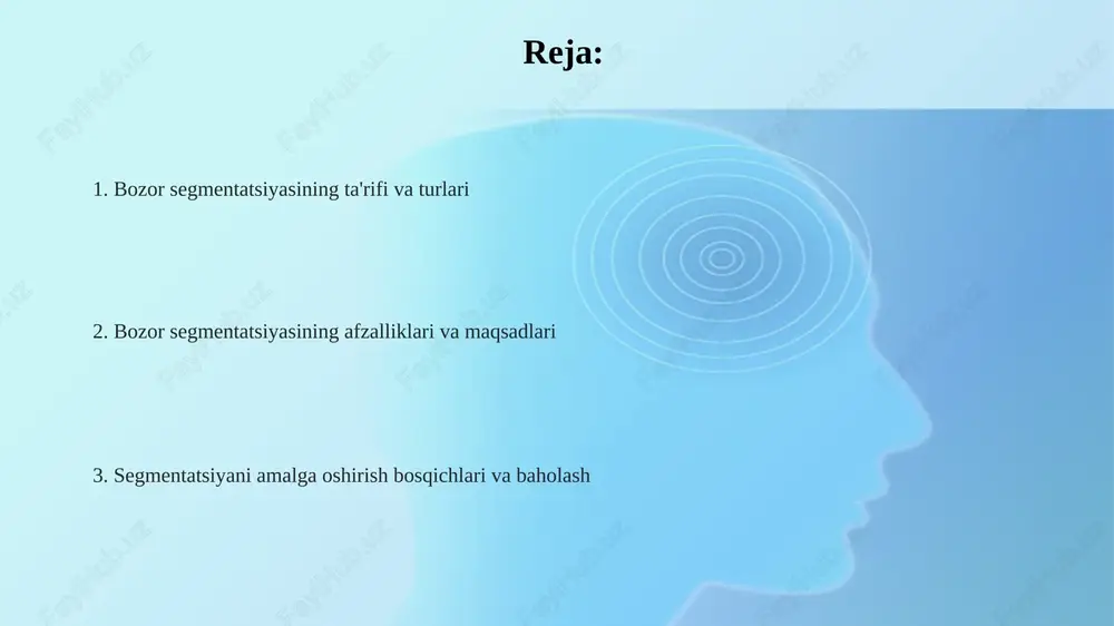 lib, har bir segmentning ehtiyojlariga moslashtirish, shu orqali mijozlarning sodiqligini ta'minlashga qaratilgan. segmentatsiya mezonlari demografik mezonlar, masalan, yosh, jins va daromad, iste'molchilarning xarid qilish odatlarini 18-25 yoshdagilar va 35-50 yoshdagilar kabi aniqlashda muhim rol o'ynaydi. psixografik mezonlar hayot tarzi, qadriyatlar va shaxsiyat xususiyatlarini o'z ichiga oladi, bu kompaniyaga 65% ko'proq sadoqatli mijozlarni aniqlashga yordam beradi. xulq-atvor mezonlari, masalan, foydalanish darajasi, brend sodiqligi, mijozlarning 20% guruhini aniqlash va xarid qilishdan olinadigan foydaga asoslanadi. geografik segmentatsiya geografik segmentatsiyada 3 xil tur mavjud: mintaqaviy, shahar va qishloq segmentatsiyasi. masalan, issiq mintaqada suvga chidamli 4 mevani ko’proq reklama qilish samaraliroq. geografik segmentatsiya 1-hududning o'ziga xos iqlimi, zichligi, va aholi soni kabi omillarga asoslanadi, bu esa marketing xarajatlarini kamaytirib, 2 barobar foydani oshirish imkonini beradi. aholining geografik joylashuvi mahsulotga bo'lgan talabni 10% dan 15% gacha o'zgartirishi mumkin. masalan, shahar aholisi qishloq aholisiga nisbatan 9 ta texnologik yangilikka qiziqishi ortiq. demografik segmentatsiya daromad darajasi segmentatsiya uchun …
