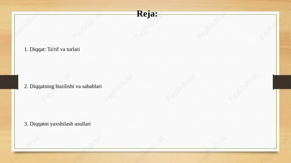 a ishlov berish quvvati 7 ± 2 elementdan oshmasligi mumkin, shuning uchun ko'p vazifalarni bajarish diqqatni kamaytiradi. xotira 3 bosqichdan iborat: sezgi xotirasi (1 sekund), qisqa muddatli xotira (30 sekund), va uzoq muddatli xotira (cheksiz), diqqat bu jarayonlarga ta'sir qiladi. diqqat va o'rganish diqqatning ta'siri o'rganishga sezilarli: 15-20 daqiqa diqqatli bo'lish, ma'lumotni tezroq va samaraliroq qabul qilishga yordam beradi, xotirada mustahkam o'rnashadi. o'rganish jarayonida diqqatni jamlash uchun 5 soniyalik qoidadan foydalanish mumkin: bu qoida maqsadga yo'naltirilgan harakatni boshlash uchun qisqa vaqtni belgilaydi. diqqat va texnologiya texnologiyaning haddan tashqari ko'pligi diqqatni buzadi. tadqiqotlar shuni ko'rsatadiki, 68% foydalanuvchilar push-bildirishnomalar tufayli o'z vazifalarini tez-tez to'xtatadilar, bu samaradorlikni pasaytiradi. ijtimoiy tarmoqlar algoritmik tarzda 45 soniyada miyani mukofotlash tizimini rag'batlantiradi, diqqatni qisqa muddatli stimullarga bog'liq qilib qo'yadi va chuqur diqqatni jamlash qobiliyatini susaytiradi. e'tiboringiz uchun rahmat image8.jpg image9.jpg image10.jpg image11.jpg image12.jpg image13.jpg image14.jpg image15.jpg image3.png image4.png