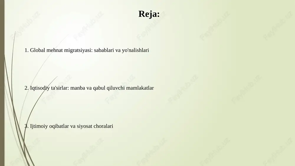 mning sezilarli qismini tashkil etishi mumkin (5% dan 25% gacha), makroiqtisodiy barqarorlikni ta'minlaydi va qashshoqlikni kamaytiradi, lekin rivojlanishga avtomatik kafolat emas. malakali ishchi kuchining ketishi (brain drain) manba davlatlarga salbiy ta'sir ko'rsatadi, innovatsiyalarni susaytiradi va iqtisodiy o'sishni sekinlashtiradi, ayniqsa sog'liqni saqlash va ta'lim kabi sohalarda. migratsiyaning iqtisodiy ta'siri: qabul qiluvchi davlatlar mehnat migrantlari davlat budjetiga soliqlar va ijtimoiy sug'urta to'lovlari orqali sezilarli hissa qo'shadi, bu davlat xarajatlarini moliyalashtirishga yordam beradi. ushbu to'lovlar o'rtacha 2-3% gacha bo'lishi mumkin. migrantlar mehnat bozori defitsitini to'ldirib, ish haqi o'sishini sekinlashtiradi, bu esa mahalliy iste'molchilarga pastroq narxlarda xizmat ko'rsatish imkonini beradi. masalan, qurilish sohasida 10-15% gacha tejalishi mumkin. mehnat migratsiyasining ijtimoiy oqibatlari mehnat migratsiyasi oilalarning parchalanishiga olib kelishi mumkin, bunda bolalar ota-onasiz qolib, ularning ijtimoiy-emotsional rivojlanishiga salbiy ta'sir ko'rsatadi. migrantlar ko'pincha kamsitishga duch kelishadi, bu esa ularning ijtimoiy integratsiyasiga to'sqinlik qiladi va ruhiy salomatlik muammolari xavfini 30% ga oshiradi. migrantlarning huquqlari va himoyasi migrantlar mehnat …
