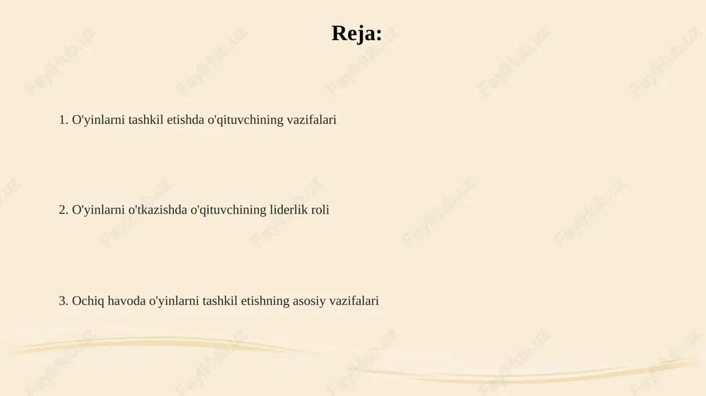 i, 1-2-bosqichli ko'rsatmalar beradi va har bir ishtirokchi uchun xavfsizlikni nazorat qiladi. yetakchi sifatida o'qituvchi 3-4 ta kichik guruhlarga bo'linishni tashkil etadi, har bir guruhga vazifalarni aniq belgilaydi va o'zaro hamkorlikni rag'batlantiradi. o'qituvchi 5-6 yoshli bolalar uchun o'yinning qiyinligini moslashtiradi, motivatsiyani oshiradi va har bir bolaning muvaffaqiyatiga e'tibor qaratadi. o'yinlarni tanlash mezonlari o'yinning jismoniy yuklamasi bolaning tayyorgarlik darajasiga mos bo'lishi zarur, ortiqcha zo'riqish 10-15 daqiqadan so'ng charchoqqa olib kelishi mumkin. o'yin bolalarning yosh xususiyatlariga mos kelishi kerak, masalan, 5-6 yoshli bolalar uchun qoidalar soni 3 tadan oshmasligi lozim. o'yin bolalarning qiziqishini uyg'otishi muhim, didaktik maqsadlar bilan birga o'yin jarayoni 80% qiziqarli bo'lishi lozim. o'yin joyini tayyorlash o'yin turiga qarab, 5-7 dona kerakli jihozlar (to'p, halqa, arqon) joylashtiriladi va ularning mustahkamligi 2 marta tekshiriladi. o'yin maydonini 10 metr radiusda tekislash, xavfli narsalardan tozalash, 1.5 metrdan baland bo'lmagan o'simliklarni olib tashlash muhim. maydonni 3 xil rangdagi (oq, sariq, ko'k) chiziqlar bilan belgilash, …