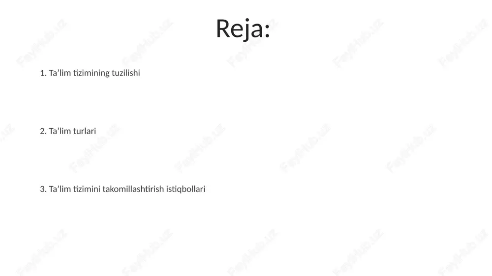 oʻlmaydi, shuning uchun ham uning natijalarini baholash rasmiy taʼlimga nisbatan ancha qiyin. ta'lim tizimining tuzilishi o'zbekistonda ta'lim tizimi 3 yoshdan 6 yoshgacha bo'lgan bolalar uchun majburiy bir yillik maktabgacha ta'limni o'z ichiga oladi, bu esa boshlang'ich ta'limga tayyorgarlik ko'rish imkoniyatini beradi. umumiy o'rta ta'lim 11 yil davom etadi va 5 yillik boshlang'ich ta'lim (1-5 sinflar) hamda 6 yillik o'rta ta'limdan (6-11 sinflar) iborat, bu esa kasb-hunar yoki akademik yo'nalishni tanlash imkoniyatini yaratadi. ta'limning kelajagi kelajakda ta'lim sun'iy intellekt (ai) va katta ma'lumotlardan foydalanish orqali o'quv jarayonini optimallashtiradi hamda har bir o'quvchiga individual yondashuvni ta'minlaydi. ta'limning kelajagi shaxsga yo'naltirilgan, moslashuvchan o'quv dasturlarini joriy etishni talab qiladi, bu esa 21-asr ko'nikmalarini (4c: tanqidiy fikrlash, kreativlik va boshqalar) rivojlantiradi. e'tiboringiz uchun rahmat image5.jpg image6.jpg image7.jpg image8.jpg image9.jpg image10.jpg image11.jpg image1.jpeg image2.jpeg
