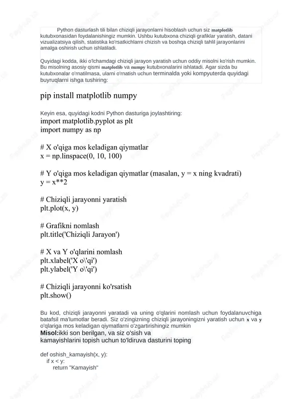 art_time = time.time() # chiziqli jarayon... end_time = time.time() execution_time = end_time - start_time print("jarayon vaqti:", execution_time, "sekund") natija: misol: random sonlar generatsiya qilish: import random random_number = random.random() # 0 ~ 1 oraliqdagi tasodifiy son print("tasodifiy son:", random_number) natijasi: tarmoqlanuvchi python dasturlash tilida chiziqli jarayonlar buyruqlar ketma-ketligi asosida bajariladi, tarmoqlanuvchi jarayonlarni dasturlashda esa, buyruqlar ma’lum bir shartlar asosida tarmoqlanish bo‘yicha bajariladi. python dasturlash tilida tarmoqlanuvchi(shartli) jarayonlarni bir necha turlarga bo‘lingan holda amalga oshirish mumkin. qisqa shartli operator va uning umumiy ko‘rinishi tarmoqlanuvchi jarayonlarni amalga oshiruvchi operatorlarni qisqacha qilib shartli operatorlar deb yuritamiz. shartli operatorlar ham qisqa, to‘liq va umumiy shartli operator ko‘rinishlarida, tarmoqlanishni amalga oshiradi. if operatori tarmoqlanuvchi jarayonlarni python dasturlash tilida amalga oshirish uchun, albatta, tarmoqlanuvchi algoritmlar asosida bajariladi. algoritm bajarilish vaqtida ma’lum bir shartlar asosida algoritmning u yoki bu qismi bajarilishini ta’minlash maqsadida shartli operatorlardan foydalaniladi. tarif: algoritm tarkibidagi shart asosida algoritmning tarmoqlarga bo‘linishiga xizmat qiluvchi operatorlar …
