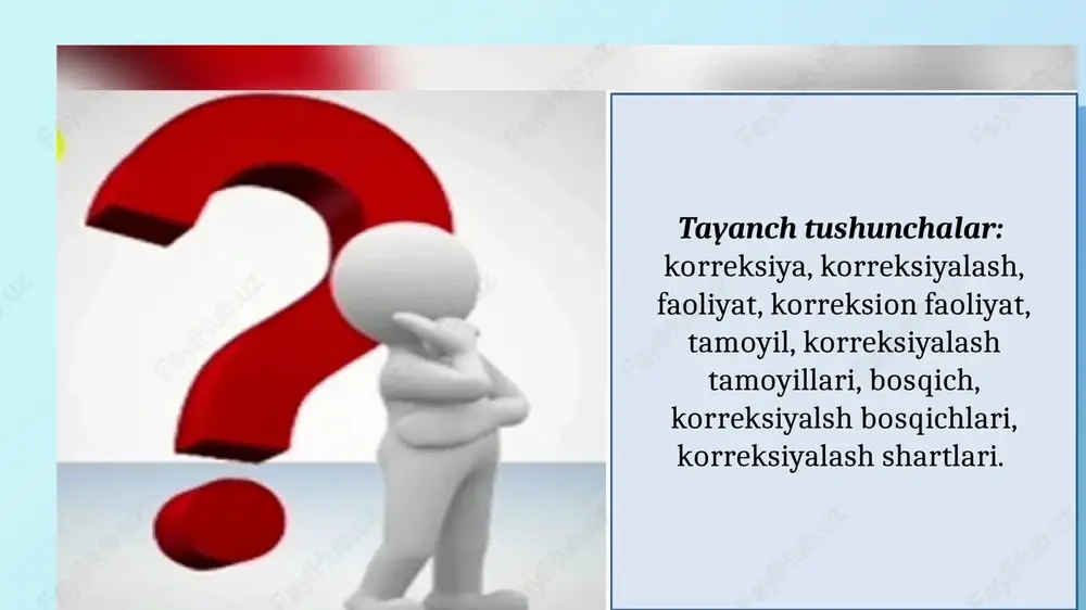 s psixologiya (tayanch-harakat apparatning murakkab nuqsonlarini o‘rganadi) maxsus pedagogika uzoq yillar davomida pedagogika oliy ta’lim muassasalarining “defektologiya” (yunoncha”defectus”-nuqson, kamchilik, “logos” fan, ta’limot) fakultetlarida o’qitilib kelingan. zamonaviy sharoitda “maxsus pedagogika” fani “inkyuziv ta’lim” degan nom bilan ham atalmoqda. inklyuziv ta’lim(ing.”inclision”-o’z ichigs olish, kiritish, uyg’unlashtirish) davlat siyosati bo’lib, nogironligi yoki boshqa sabablar tufayli(tarbiyasi og’ir, yetim bolalar, turli xil kasalliklarga chalingan, ijtimoiy himoyaga muhtoj mayda millat bolalari) maxsus yordamga muhtoj bolalarni sog’lom tengdoshlari bilan birga umumta’lim muassasalarida o’qitish va tarbiyalashni ko’zda tutadi. 2. korreksiyalash va korreksiyalashning ustivor tamoyillari. umumiy o’rta ta’lim maktablarida pedagogik jarayonida o’quvchining o’qishi va xulqi bilan bog’liq salbiy holatlarni bartaraf etishda o’qituvchi. maktab psixologi, tibbiyot xodimi tomonidan korreksion faoliyat tashkil etiladi. korreksion faoliyatning asosini korreksiyalash tashkil qiladi. korreksiyalash(pedagogik tuzatish)-o’quvchi shaxsida kuzatilayotgan og’ishlarni tashxislash asosida ularni bartaraf qilishga qaratilgan maxsus hamda umumiy pedagogik chora-tadbirlar tizimi: sabablarni tashxislash asosida o’quvchi shaxsida kuzatilayotgan og’ishlarni bartaraf etishga qaratilgan harakat; maxsus hamda umumiy pedagogik chora-tadbirlarni …