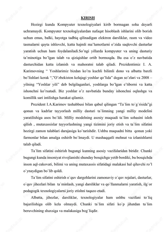 h bugungi kunning asosiy vazifalaridan biridir. chunki bugungi kunda insoniyat rivojlanishi shunday bosqichga yetib bordiki, bu bosqichda inson aql-zakovati, bilimi va uning mutaxassis sifatidagi malakasi hal qiluvchi ro’l o`ynaydigan bo`lib qoldi. ta`lim sifatini oshirish o`quv dargohlarini zamonaviy o`quv rejalari, dasturlar, o`quv jihozlari bilan ta`minlash, yangi darsliklar va qo`llanmalarni yaratish, ilg`or pedagogik texnologiyalarni joriy etishni taqazo etadi. albatta, jihozlar, darsliklar, texnologiyalar ham ushbu vazifani to`liq bajarilishiga olib kela olmaydi. chunki ta`lim sifati ko`p jihatdan ta`lim beruvchining shaxsiga va malakasiga bog`liqdir. ta`lim jarayonini tashkil etish, uni yetarli materiallar bilan ta`minlash, o`quv jihozlaridan maqsadli foydalanish, o`quvchi fikrini darsga doimiy jalb etish o`qituvchidan katta mahorat, bilim va ko`nikma talab etadi. yangi axborot – kommunikatsion texnologiyalari hozirgi vaqtda eng dolzarb mavzulardan biri bo’lib kelmoqda, sababi har bir sohani o’rganish, izlanish va tajriba orttirish uchun turli usullardan foydalanish kerak bo’ladi. shuning uchun yangi axborot – kommunikatsion texnologiyalardan foydalanish maqsadga muvoffiqdir. hozirgi zamon mutaxasislari, faoliyat doiralari qanday …