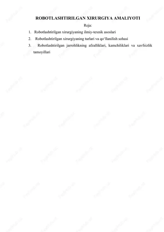 qisqardi. mavzuning dolzarbligi shundan iboratki, hozirda robotlashtirilgan xirurgiya nafaqat rivojlangan davlatlarda, balki o‘zbekiston tibbiyot tizimida ham bosqichma-bosqich joriy etilmoqda. toshkent, samarqand va buxoro shaharlarida zamonaviy endoskopik va robotlashtirilgan uskunalar asosida operatsiyalar o‘tkazilmoqda. bu esa mamlakat tibbiyotining raqamli texnologiyalar davriga moslashayotganidan dalolat beradi. mazkur referatda robotlashtirilgan jarrohlikning ilmiy-texnik asoslari, qo‘llanilish turlari, afzallik va xavfsizlik tamoyillari batafsil tahlil qilinadi hamda uning kelajakdagi rivojlanish istiqbollari yoritiladi. 1. robotlashtirilgan xirurgiyaning ilmiy-texnik asoslari robotlashtirilgan xirurgiya — bu tibbiy amaliyotlarda yuqori aniqlikdagi mexanik manipulyatorlar, kompyuter texnologiyalari, sun’iy intellekt va 3d vizualizatsiya tizimlaridan foydalanishni nazarda tutuvchi ilg‘or jarrohlik usulidir. u inson jarrohining boshqaruvi ostida, ammo robot tizimi yordamida amalga oshiriladi. bu texnologiya an’anaviy jarrohlik amaliyotlariga qaraganda kamroq invaziv, xavfsizroq va aniqlik darajasi yuqoriroq bo‘lganligi bilan ajralib turadi. 1.1. robotlashtirilgan tizimlarning tuzilishi zamonaviy robotik jarrohlik tizimlari, asosan, uchta asosiy komponentdan tashkil topgan: 1. jarroh konsoli — bu boshqaruv markazi bo‘lib, jarroh o‘z harakatlarini maxsus joystick yoki manipulyatorlar yordamida …