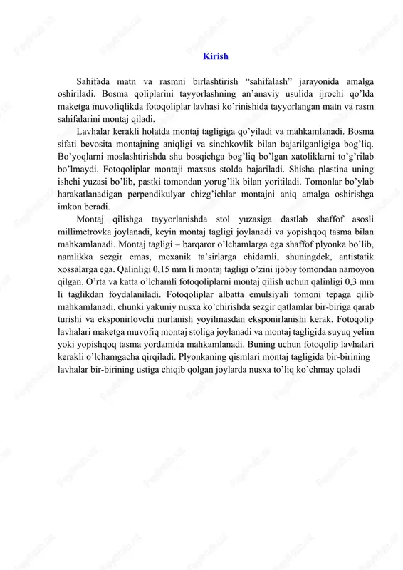 iq ko’chmay qoladi detallar asosan tasvirning yarimtuslarida joylashgan aslnusxada tasvirning yarimtuslaridagi kontrastni ko’paytiradigan gradasion egri chiziq optimal hisobanadi. ikkinchi va uchinchi bosqichda gradasion egri chiziq shakli va optik zichlik o’zgarishining optimal qonuni tanlanadi hamda rastrlash va rastr nuqtalari o’lchamlarining kattalashuvi tavsifnomalari hisobga olinadi. gradasion egri chiziq shakllarining turi va tavsifi umumlashtirilgan holda 8.16-rasmda keltirilgan. 8.15-rasmda 1 raqam ostida ifodalangan qayta ishlash egri chizig’i kolorimetrik aniq tusli qayta ishlashni tavsiflaydi va ob’ektiv qayta ishlash toifasiga taalluqli hisoblanadi. qayta ishlashning bu turi noshaffof taglikdagi kam sonli aslnusxalar guruhiga nisbatan qo’llanilib, amaliyotda juda kam uchraydi. kolorimetrik aniq qayta ishlash nusxada xudi aslnusxadagiga o’xshash zichliklar olishni nazarda tutadi. 2 raqami ostidagi to’g’ri chiziq zichliklar intervalini siqib qayta ishlash turi bo’lib, chiziqli siqish deb nomlanadi. chiziqli qayta ishlash yarimtuslardagi kontrastni ko’paytirish uchun qo’llaniladi, lekin bu soya joylarda detallarning yo’qotilishi hisobiga amalga oshadi. 8.15-rasm. tuslarning taqsimlanishini qayta ishlashshakllari deyarli barcha aslnusxalarda zichliklar dinamik diapazoni adad nusxasidagiga …