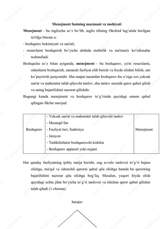 a keltirishidir. haridor harid qobiliyati doirasida eng nafli molni tanlashga intiladi. shundagina u qoniqadi. ammo tovarning nafliligi qancha yuqori bo'lsa, uning narxi ham shuncha baland bo'ladi. bu esa, o'z navbatida haridorning sotib olish qobiliyatini pasaytiradi. baho – bu tovar va xizmatlarning pulda ifodalangan qiymatidir. baho ikkita asosiy vazifani bajaradi: - resurslar iste'molini cheklash imkonini beradi; - ishlab chiqarish uchun turtki bo'lib xizmat qiladi. ma’lumki, biror ashyo (resurs yoki tovar) qancha kamyob bo'lsa, uning narxi shuncha baland va binobarin, uni sotib olmoqchi bo'lganlar shuncha kam bo'ladi. iqtisodchilar buni narxning cheklovchilik samarasi deb ataydilar. narxning oshishi ishlab chiqaruvchilar safining kengayishiga, narxning tushishi esa ishlab chiqaruvchilarning kamayishiga, ularning bir qismini bozordan bezdirishga olib keladi. iqtisodchilar bunday ta'sirni narxning ishlab chiqarishga turtki vazifasi deb ataydilar. foydaga ta'sir etuvchi bu uch unsurning mohiyatini anglagan boshqaruvchigina tanlovni to'g’ri amalga oshirishi va oqil qarorni qabul qila olishi mumkin. boshqarish san'ati va mahorati, ya'ni menejment, shundagina namoyon bo'lishi, …