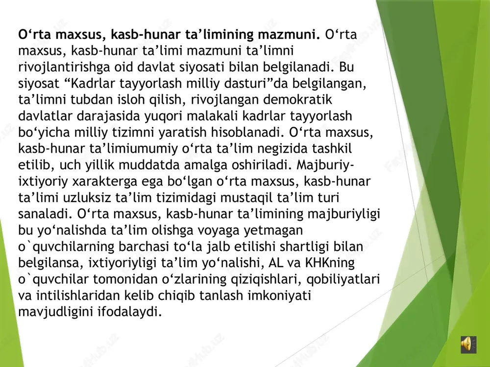 nalishlarda ta’limni davom ettirish, ya’ni oliy o`quv yurtlarida o‘qishlari uchun poydevor bo‘ladi. kasb-hunar kollejlari tasdiqlangan davlat ta’lim standartlariga muvofiq o`quvchilarga o‘rta maxsus, kasb-hunar bilimlarini beradi, ularda amaliy ko‘nikma va malakalarni hosil qiladi. bu kabi muassasalar “o`quvchilarning kasb-hunarga moyilligini, layoqatlarini, bilim va ko‘nikmalarini chuqur rivojlantirish, ularning tanlagan yo‘nalishlari bo‘yicha bir yoki bir necha zamonaviy kasb egallashlari”( uchun sharoit yaratadi. kasb-hunar kollejlarida kichik mutaxassislar tayyorlanadi ma’lumki, hunar yoki kasb asoslarini o‘rgatishga yo‘naltirilgan kasb-hunar kollejlari jihozlanganlik darajasi, pedagogik tarkibning tanlanganligi, o`quv jarayonining tashkil etilishi jihatidan yangi tipdagi ta’lim muassasalari sanaladi. yangi turdagi kollejlarda o`quvchilar bir yoki bir necha yo‘nalishlar bo‘yicha bilim va ko‘nikmalarni egallashlari mumkin.o`quvchilar akademik litsey hamda kasb-hunar kollejlarida ta’lim olish bilan birga mavjud bilimlarini mustahkamlaydilar va o‘zlari tanlangan ixtisosliklar bo‘yicha kasbiy faoliyatga tayyorlanadilar. ushbu ta’lim muassasalarining tugatgan o`quvchilar davlat tomonidan tasdiqlangan namunadagi diplomni olishga muvaffaq bo‘ladilar. aynan bu diplomlar o`quvchilarga uzluksiz ta’lim tizimining keyingi bosqichi (oliy ta’lim tizimi)da o‘qishni davom ettirish …