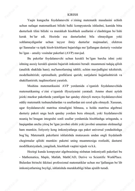 oblash vaqtini tejash va h.k. hozirgi kunda kompyuter algebrasining nisbatan imkoniyatli paketlari bu - mathematica, maple, matlab, mathcad, derive va scientific workplace. bulardan birinchi ikkitasi professional matematiklar uchun mo`ljallangan bo`lib imkoniyatlarning boyligi, ishlatishda murakkabligi bilan ajralib turadi. matlab matritsalar bilan ishlashga va signallarni avtomatik boshqarish hamda qayta ishlashga mo`ljallangan. mathcad va derive qo`llanilishi juda oson bo`lib talabalarning tipik talablarini qondirishni ta'minlaydi. bular qatoriga eureka paketini ham qo`shish mumkin. scientific workplace matematik qo`lyozmalarni latex tizimidan foydalangan holda tayyorlashga muljallangan bo`lib bir payda analitik va sonli amallarni bajarishi mumkin. 1. mathcad imkoniyatlari va uning interfeysi zamonaviy kompyuter matematikasi matematik hisoblarni avtomatlashtirish uchun butun bir birlashtirilgan dasturiy tizimlar va paketlarni taqdim etadi. bu tizimlar ichida mathcad oddiy, etarlicha qayta ishlangan va tekshirilgan matematik hisoblashlar tizimidir. umuman olganda mathcad – bu kompyuter matematikasining zamonaviy sonli usullarini qo`llashning unikal kollektsiyasidir. u o`z ichiga yillar ichidagi matematikaning rivojlanishi natijasida yig`ilgan tajribalar, qoidalar va matematik hisoblash usullarini …