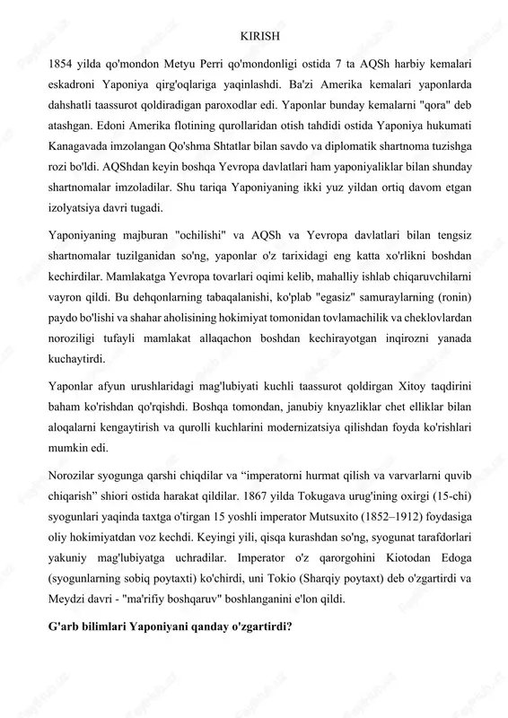 akuniy mag'lubiyatga uchradilar. imperator o'z qarorgohini kiotodan edoga (syogunlarning sobiq poytaxti) ko'chirdi, uni tokio (sharqiy poytaxt) deb o'zgartirdi va meydzi davri - "ma'rifiy boshqaruv" boshlanganini e'lon qildi. g'arb bilimlari yaponiyani qanday o'zgartirdi? keyingi islohotlar ko'lami hayratlanarli. agrar islohot yerga sotib olish va sotish huquqi bilan xususiy mulkchilikni o'rnatdi. bu yer va mehnat bozorining paydo bo'lishiga yordam berdi, chunki ko'plab dehqon mulkdorlari yuqori soliq to'lay olmadilar, bankrot bo'lishdi, erlarini sotishdi va shaharlarga ketishdi (yoki ijarachilarga aylanishdi). ma'muriy islohot daimyo knyazlarining hokimiyatini yo'q qildi. yaponiya provinsiya va prefekturalarga boʻlingan, ularga markazdan tayinlangan amaldorlar boshchilik qilgan (knyazlar pul kompensatsiyasi olgan). amaldorlar kadrlari, albatta, sobiq knyazlar va samuraylar orasidan jalb qilingan, ammo hozir ular yarim mustaqil aristokratlar yoki ritsarlar emas, balki xazinadan maosh oladigan imperatorning xizmatkorlari edi. sinf islohoti sinfiy tafovutlarni bekor qildi (garchi unvonlar va unvonlar saqlanib qolgan). harbiy islohot umumiy harbiy majburiyatni joriy qildi va g'arb mutaxassislari yordamida yevropa modelidagi armiyani yaratdi. …