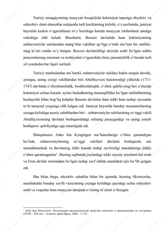 lgen. legitimatsiya sredneaziatskoy dinastii mangitov v proizvedeniyax ix istorikov (xviii – xix vv.) – almati: dayk-press, 2004. – s.231. ] shu bilan birga, obyektiv sabablar bilan bir qatorda, bizning fikrimizcha, mamlakatda bunday xavfli vaziyatning yuzaga kelishiga quyidagi uchta subyektiv omil va voqealar ham muayyan darajada o‘zining ta’sirini o‘tkazgan: birinchidan, xonlikning muhim hududiy markazlaridan biri hisoblangan hamda mamlakatning asosiy iqtisodiy, ma’rifiy va harbiy resurslari joylashgan samarqand bekligini xonning asosiy raqiblaridan biri bo‘lgan rajab sulton boshqaruviga o‘tishi; ikkinchidan, nomusulmon bo‘lgan jo‘ng‘orlar quvg‘inidan qochgan qozoq ulamolariga nisbatan xon hokimiyati tomonidan yetarli e’tibor bo‘lmaganligi va buning oqibatida musulmonlar o‘rtasida katta obro‘ga ega bo‘lgan ushbu ulamolarning yetti yil davomida sarson-sargardonchilikda bo‘lishlari aholining xonga bo‘lgan hurmat e’tiborini yo‘qolishiga olib kelgan; uchinchidan, xonning bevosita yo‘l qo‘yib berishi natijasida ibodullo xitoy va uning tarafdorlari tomonidan muqaddas qadamjo hisoblanadigan xo‘ja bahovuddin xonaqosining vayron etilishi aholining kuchli noroziligini kelib chiqishiga sabab bo‘lgan[footnoteref:2]1. [2: 1 mirza abdal azim sami. tarixi salatini-i …