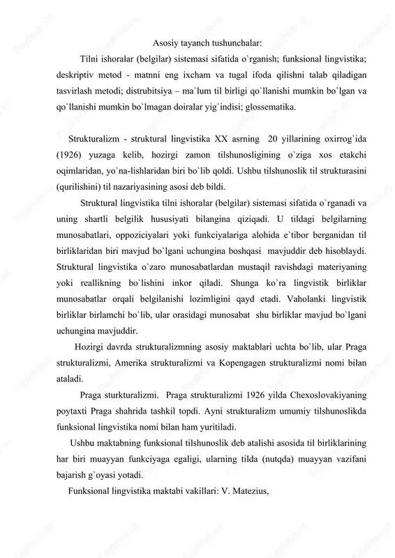 illari: v. matezius, b. trinka, i. vaxek, b. gavranek, n.s. trubeckoy, r.o.yakobson, s.i.karcevskiy va boshqalar. praga maktabi ta`limotining asosiy g`oyalari quyidagilar: 1. tilshunoslik – o`z ob`ektiga ega bo`lgan mustaqil fan. 2. til – sistema. 3. til – funksional sistema. ya`ni til muayyan maqsadga yo`naltirilgan ifoda vositalari sistemasidir. 4. fonologiya – nazariy fonologiya. fonemaning so`z va morfemalarni farqlash qobiliyatiga egaligi. fonema tilning eng kichik fonologik birligi. nutq tovushlari fonemaning moddiy simvollari, belgilari, fonemaning nutqdagi reallashishi. demak, fonema bilan tovush farqlanadi. 5. sinxroniya va diaxroniya. praga strukturalistlari tilni tadqiq qilishda, asosan, sinxroniyani – sinxron metodni ilgari suradilar. shu bilan birga ular tilning mohiyatini ochishda diaxroniyani – diaxron metodni ham hisobga oladilar. ya`ni ular diaxroniyani inkor qilmaydilar. demak, tilni – til hodisalarini, birliklarini tahlil qilishda sinxroniya va diaxroniya dialektik bog`liq holda olinadi. 6. til belgisi bo`lgan so`z – mustaqil birlik. u vazifasiga, nomlanishiga ko`ra nominativ faoliyat mahsuli bo`lib, jamiyatda nominativ funkciya bajaradi. 7. …